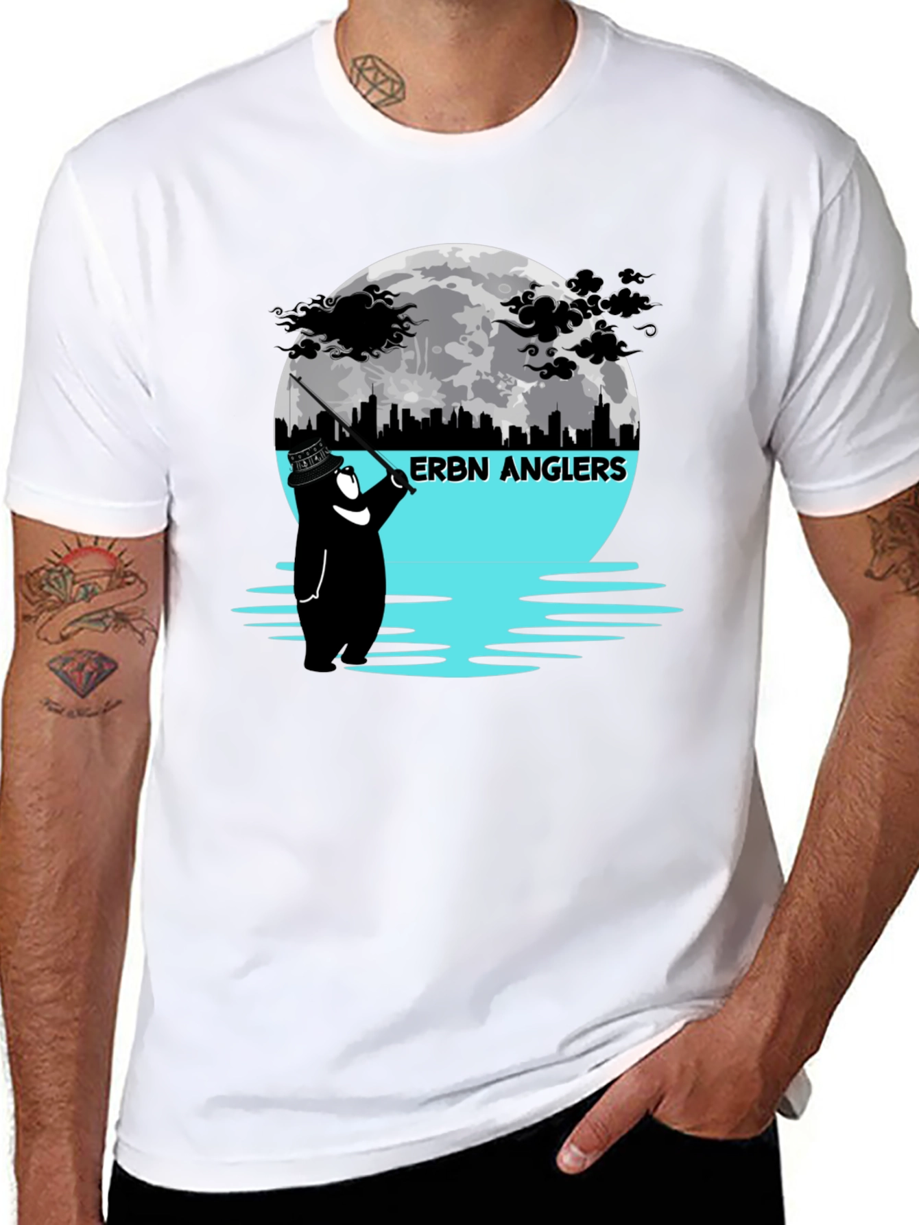 ERBN Anglers T-Shirt: Bear Fishing Under Moonlit Skyline