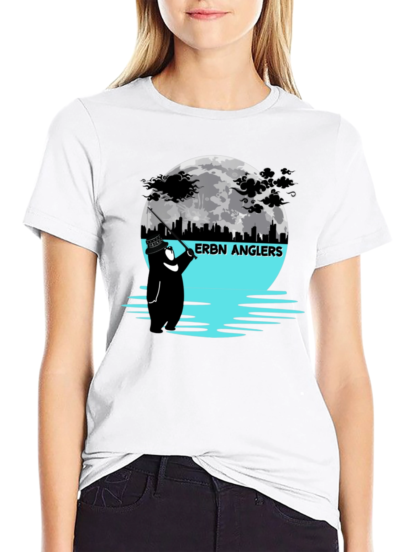ERBN Anglers T-Shirt: Bear Fishing Under Moonlit Skyline