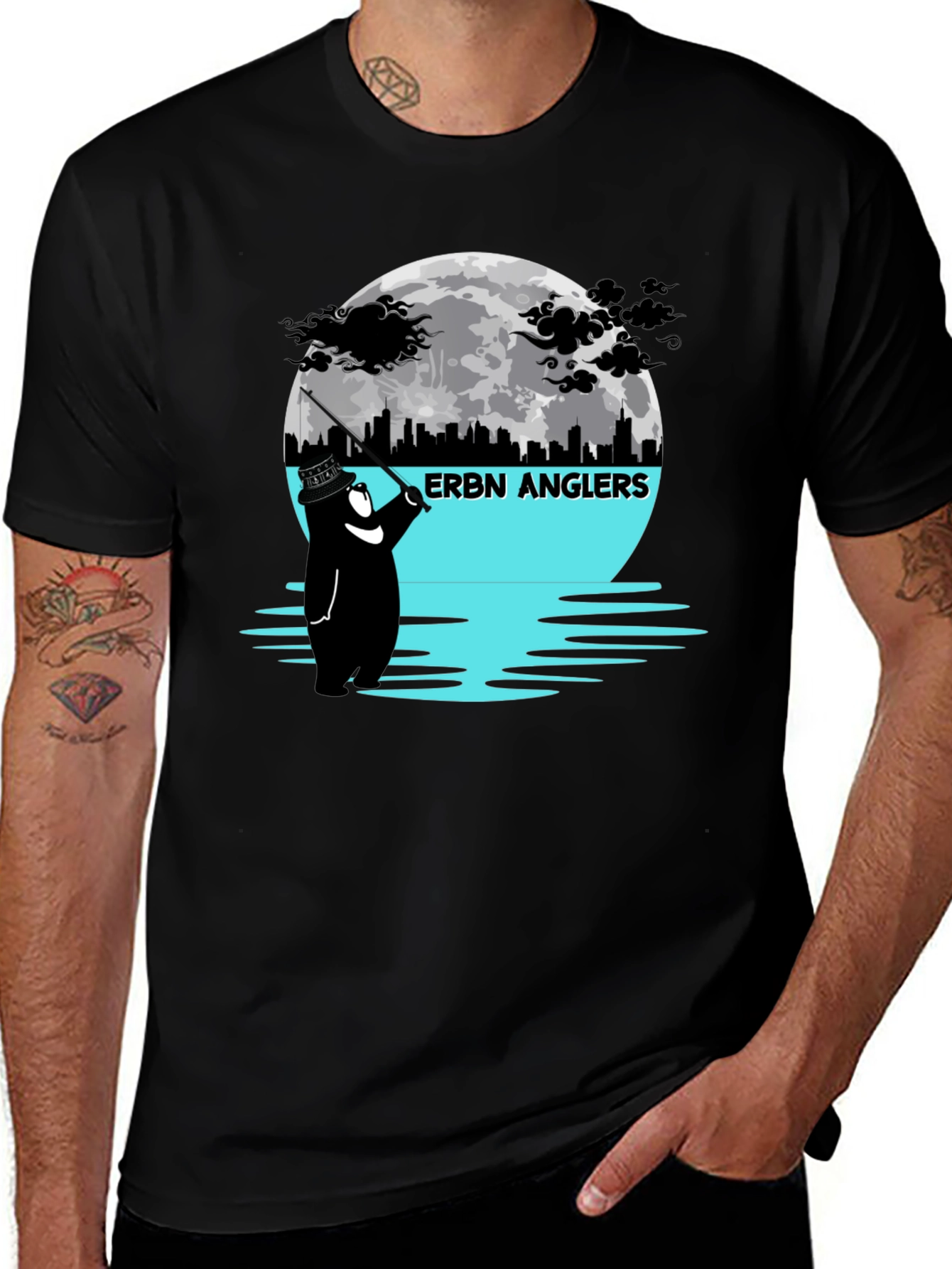 ERBN Anglers T-Shirt: Bear Fishing Under Moonlit Skyline