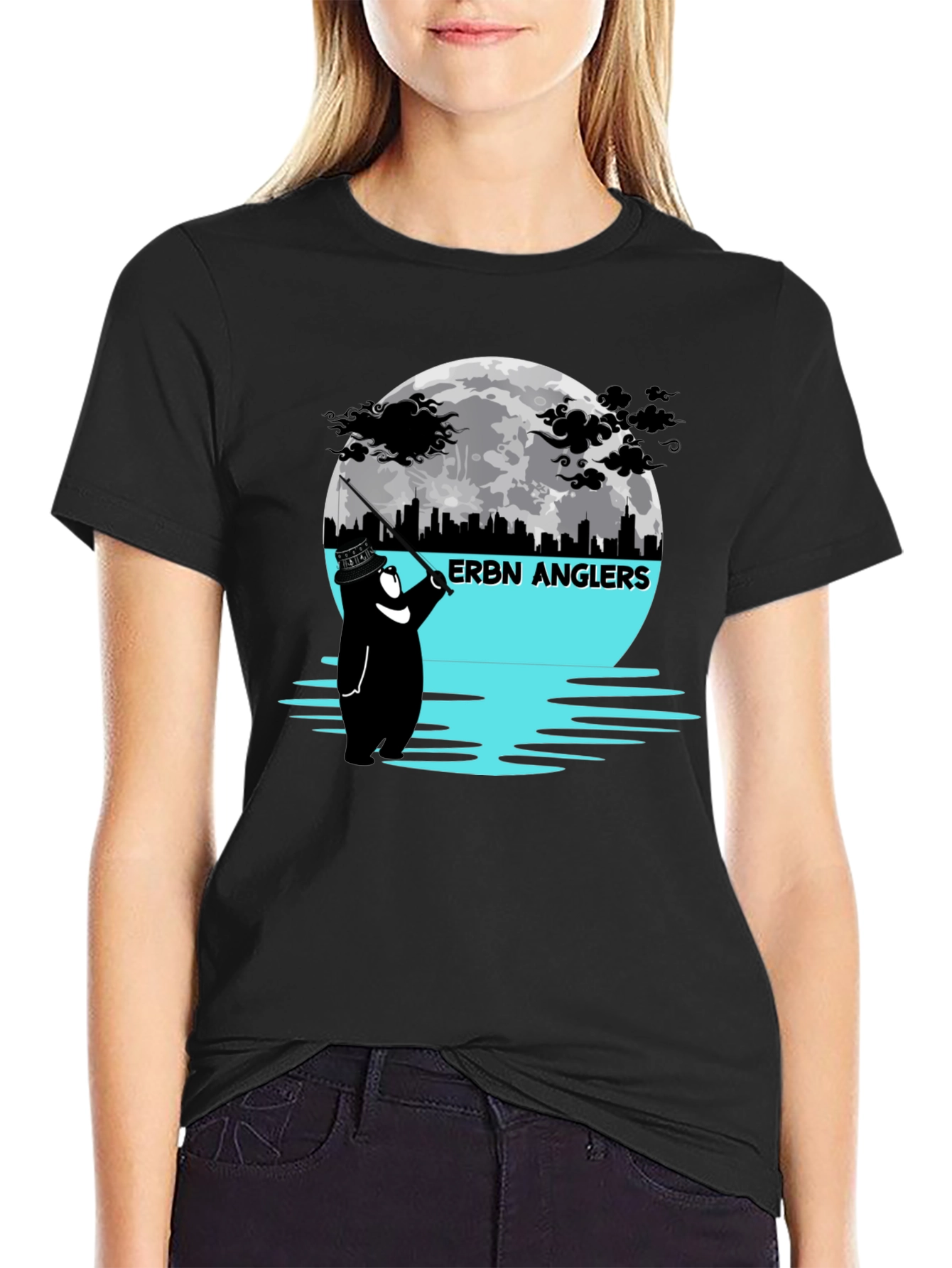ERBN Anglers T-Shirt: Bear Fishing Under Moonlit Skyline