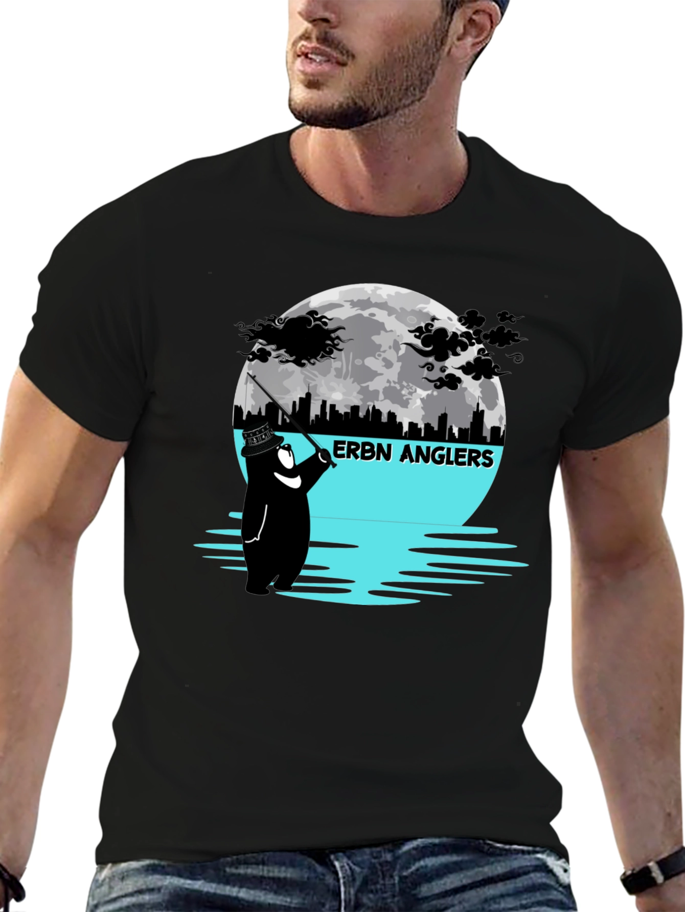 ERBN Anglers T-Shirt: Bear Fishing Under Moonlit Skyline