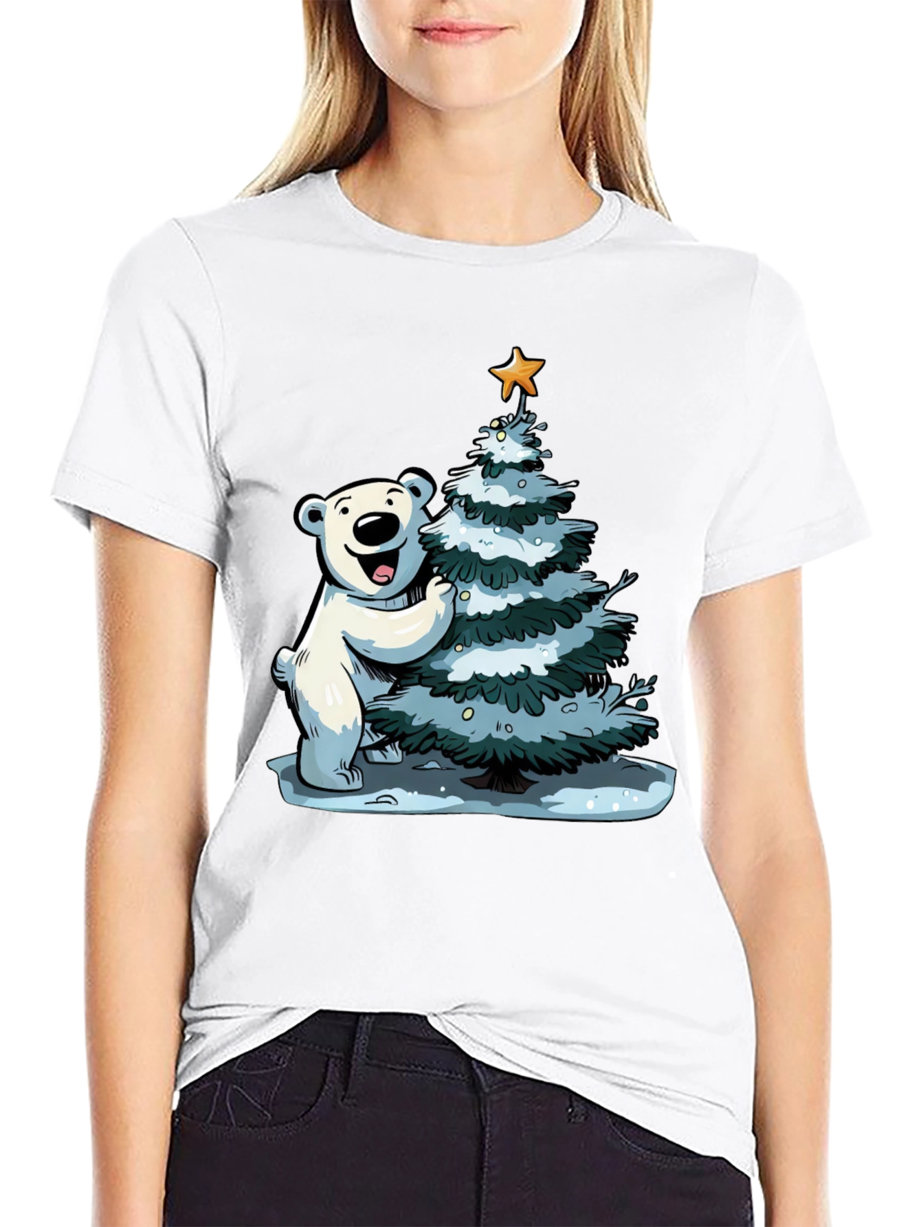 Festive Bear Christmas Tree Black T-Shirt