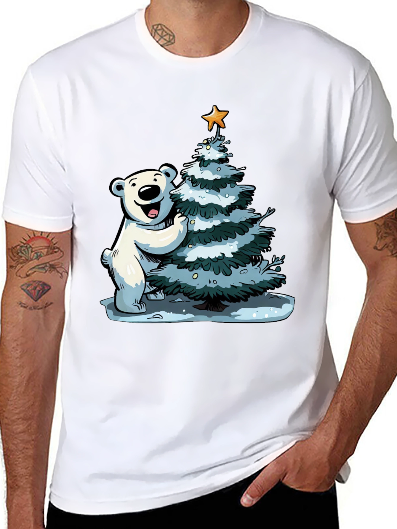 Festive Bear Christmas Tree Black T-Shirt