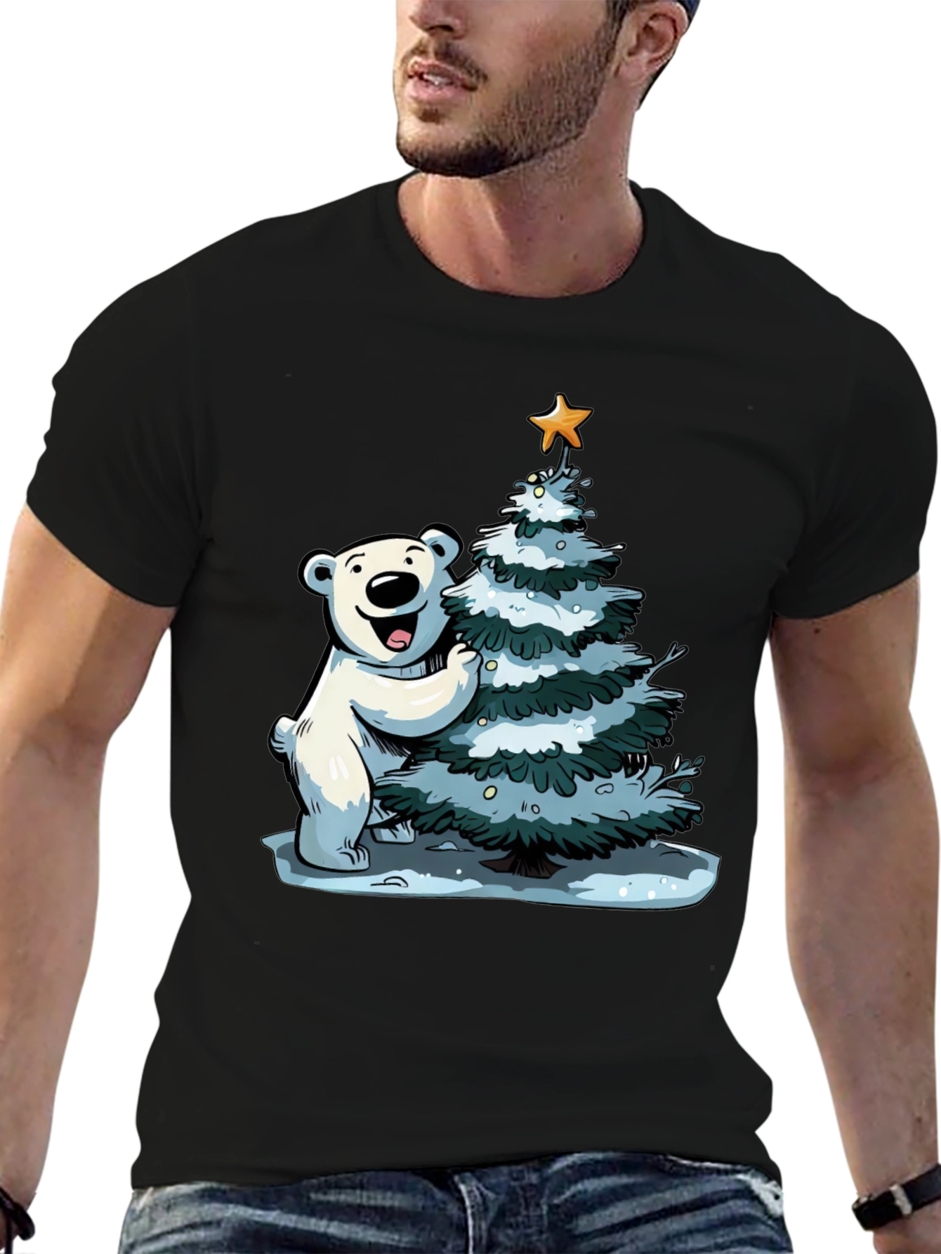 Festive Bear Christmas Tree Black T-Shirt