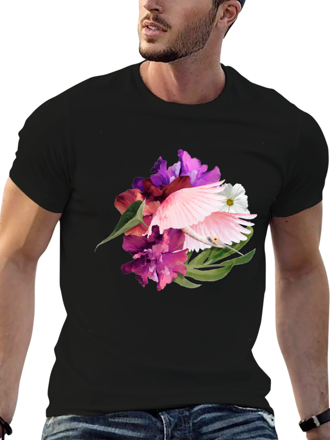 Floral Bird Print Black T-Shirt