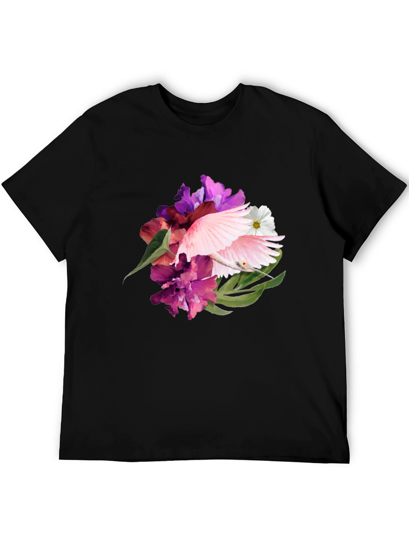 Floral Bird Print Black T-Shirt