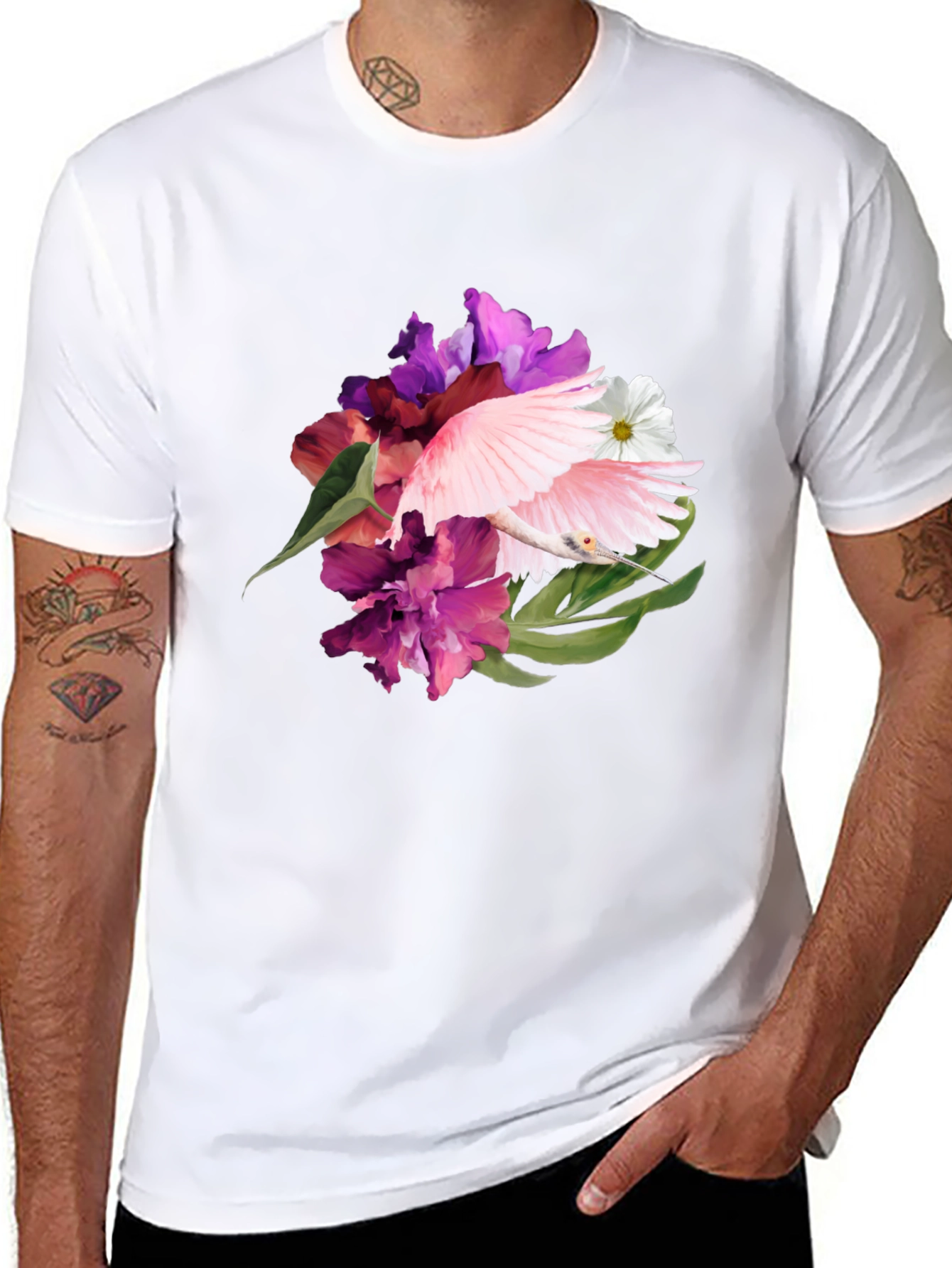 Floral Bird Print Black T-Shirt