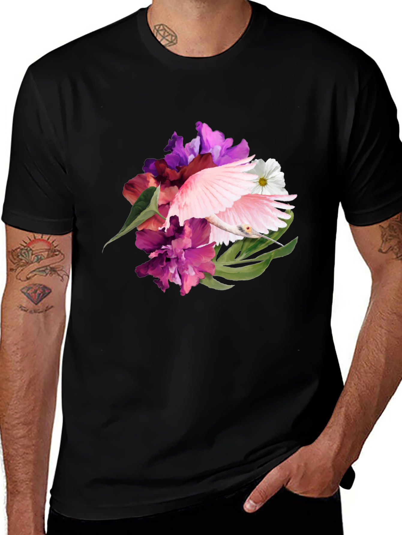 Floral Bird Print Black T-Shirt