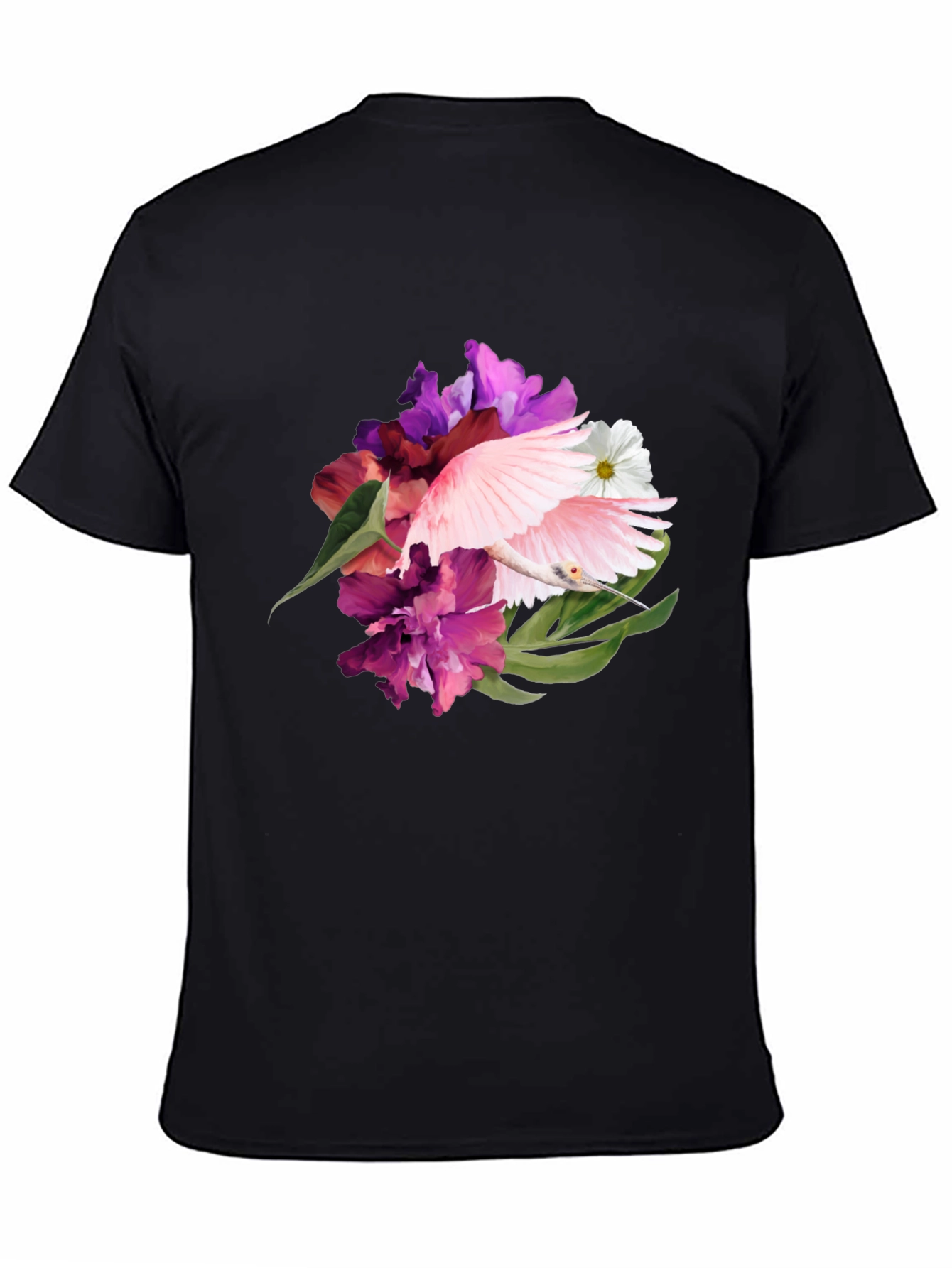 Floral Bird Print Black T-Shirt