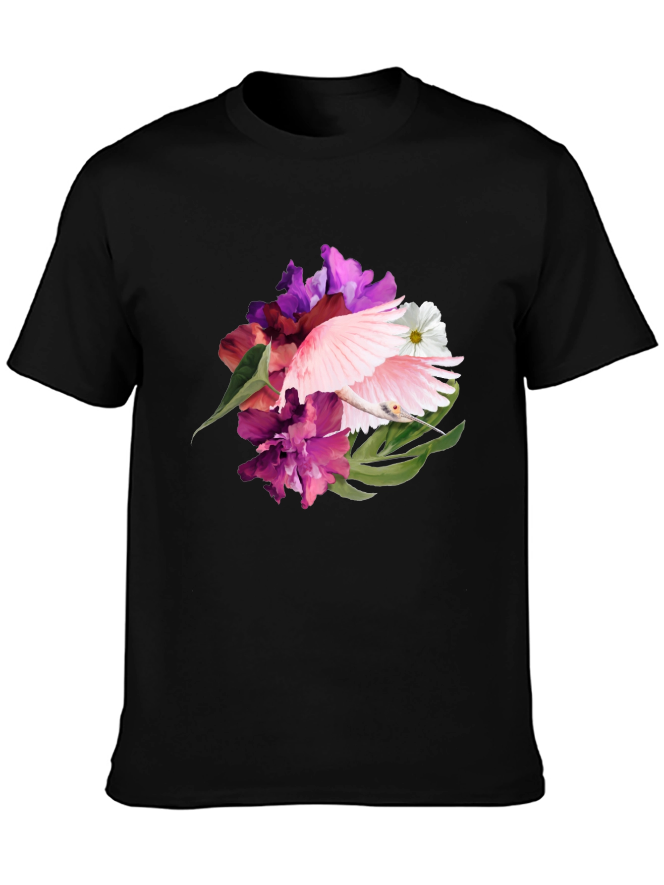 Floral Bird Print Black T-Shirt