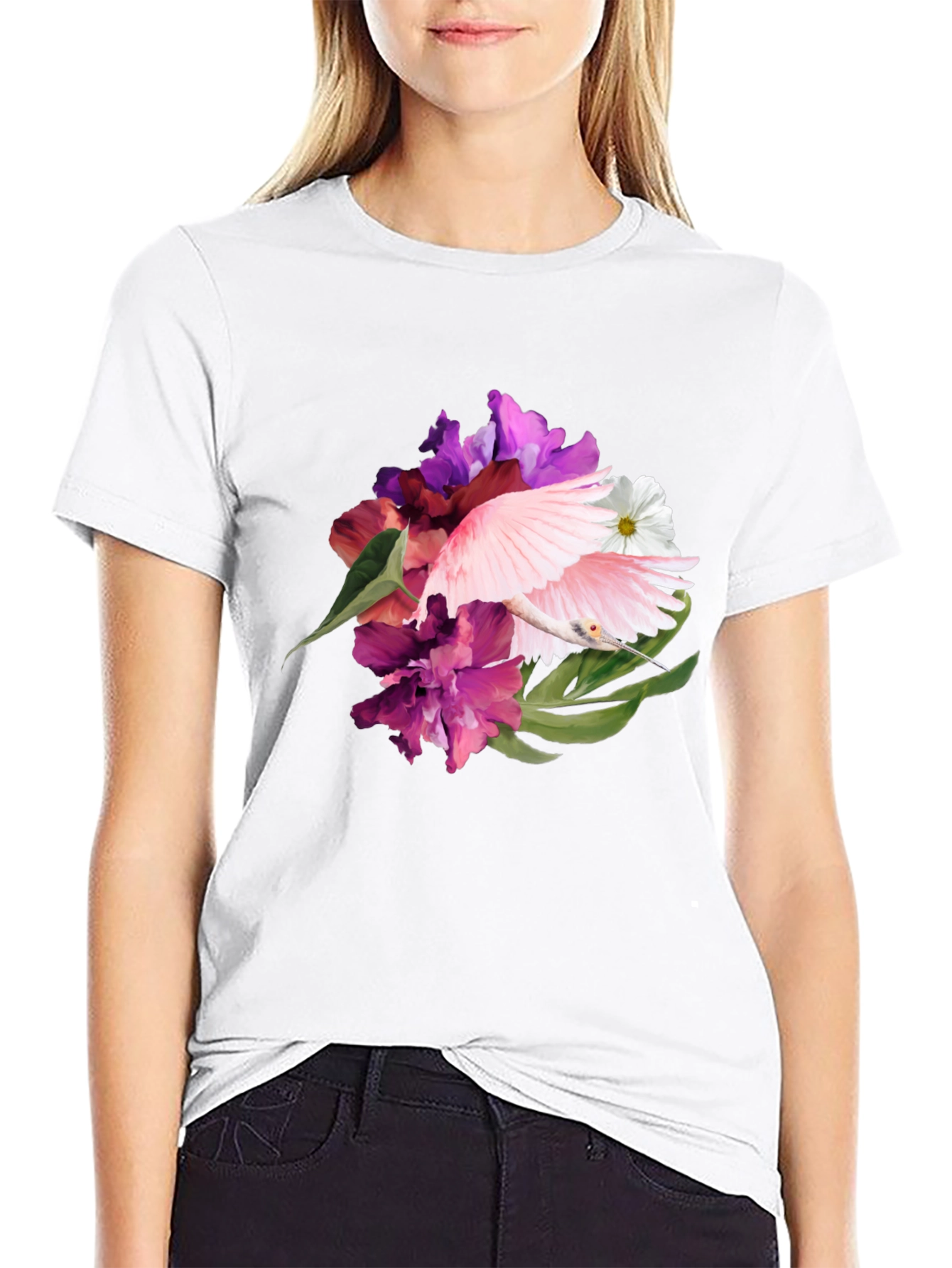 Floral Bird Print Black T-Shirt