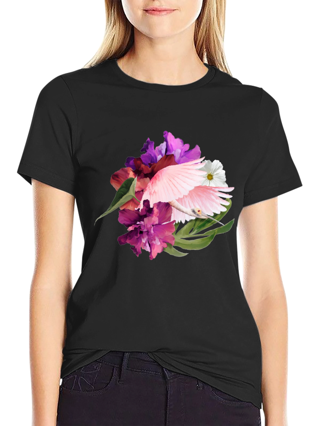 Floral Bird Print Black T-Shirt