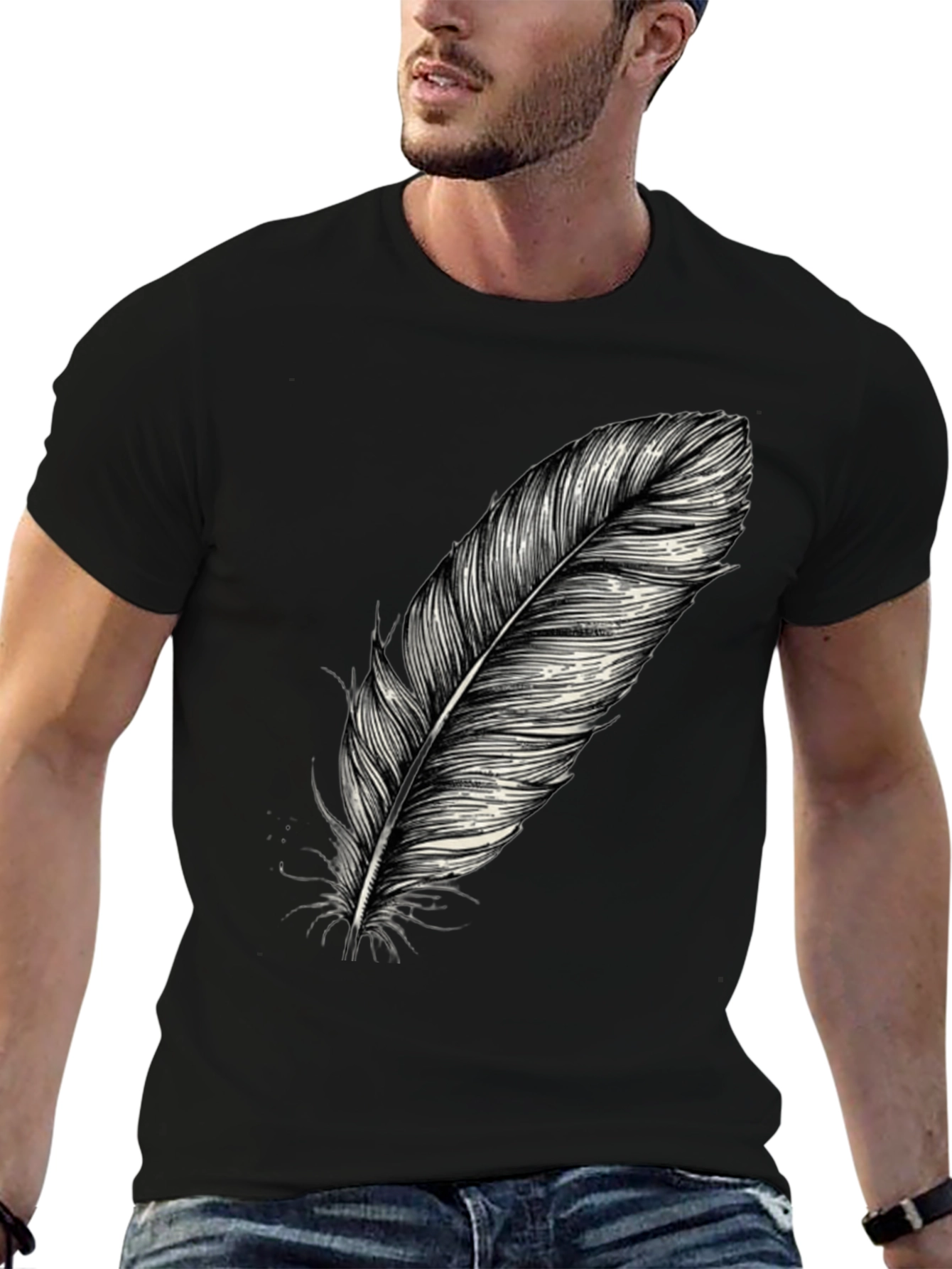Feather Graphic Print Black T-Shirt