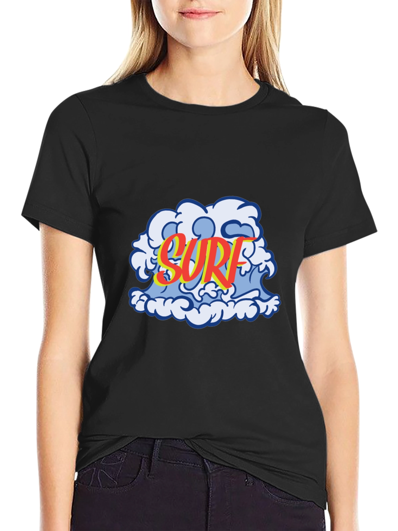 Surf Wave Graphic Tee - Black Cotton T-Shirt
