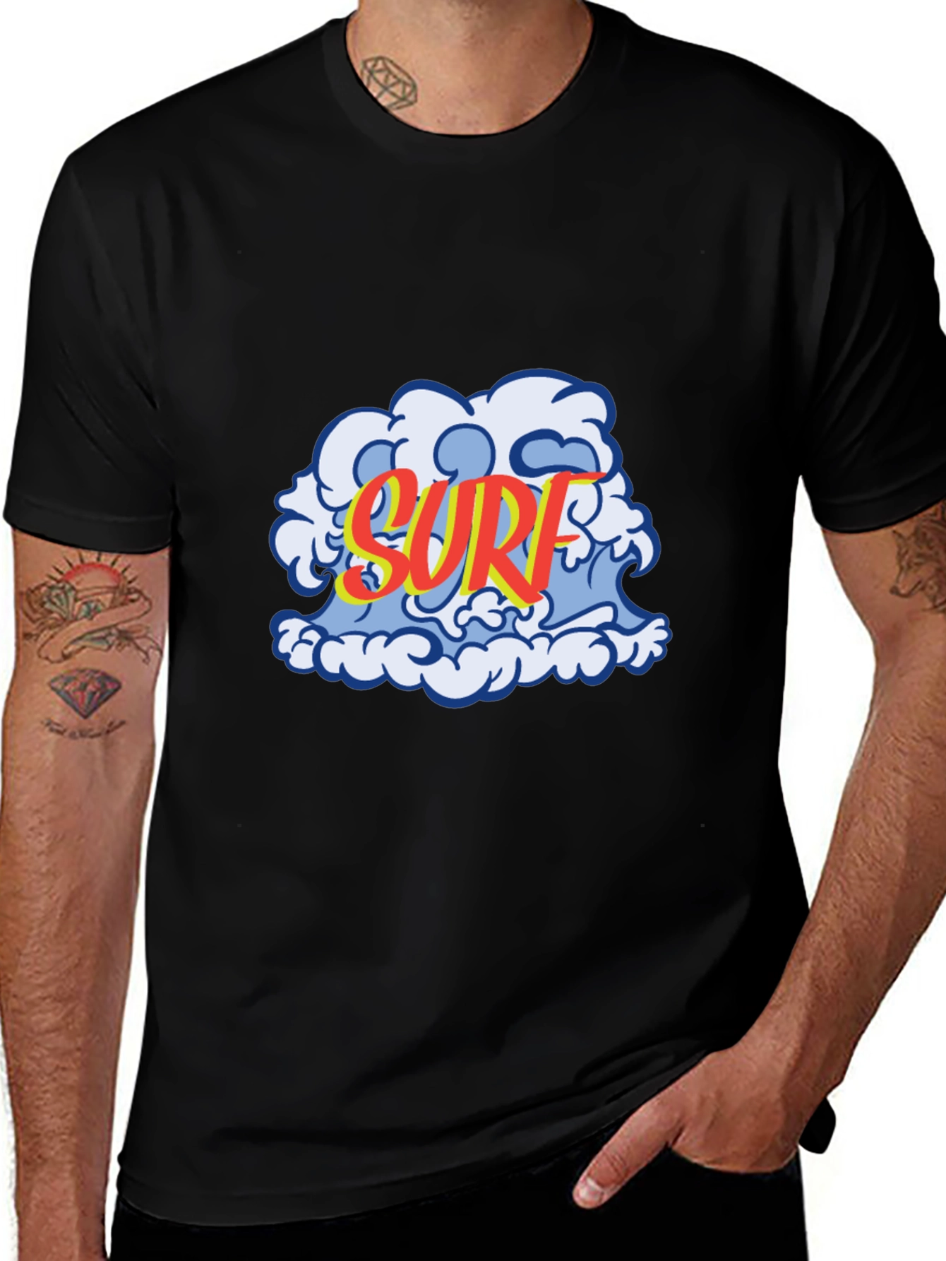 Surf Wave Graphic Tee - Black Cotton T-Shirt