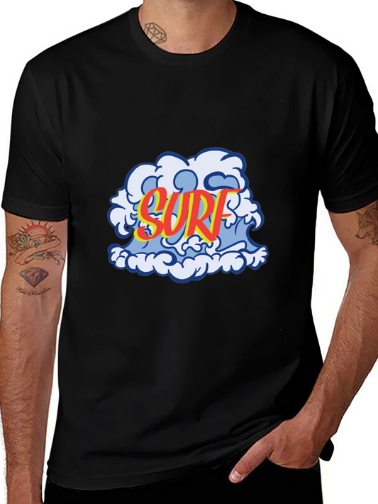 Surf Wave Graphic Tee - Black Cotton T-Shirt