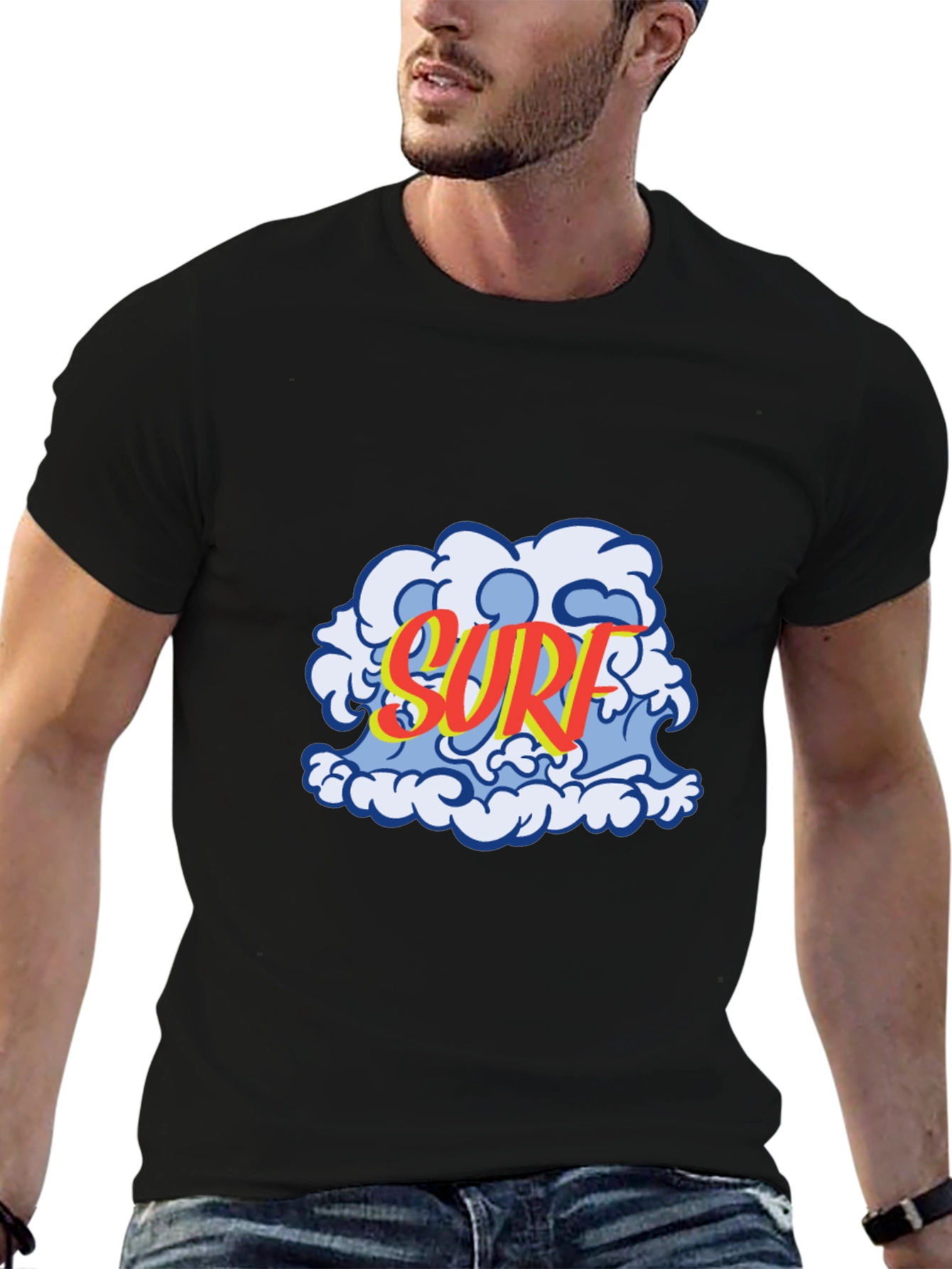 Surf Wave Graphic Tee - Black Cotton T-Shirt