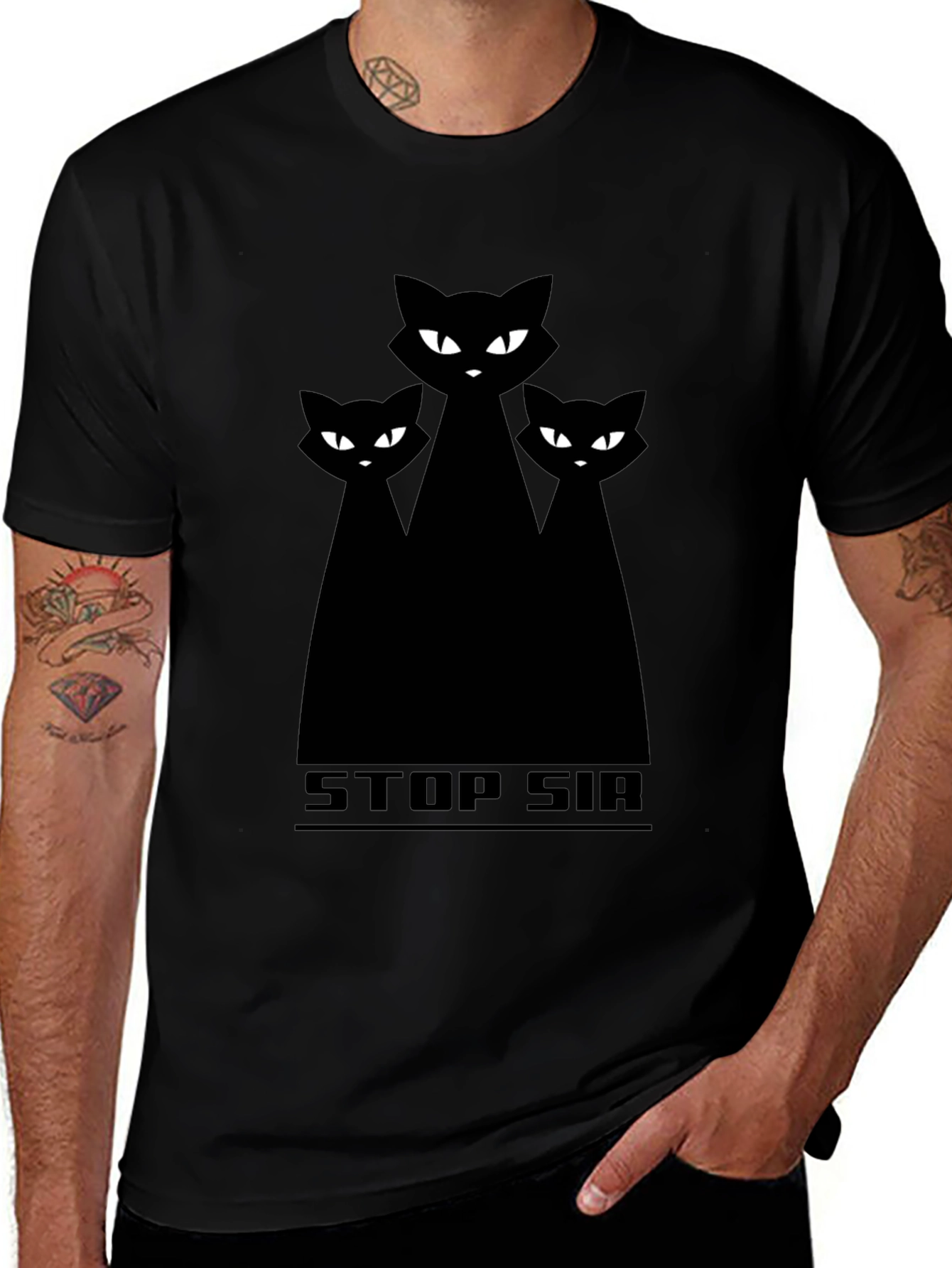 STOP SIR Three Black Cats Graphic T-Shirt