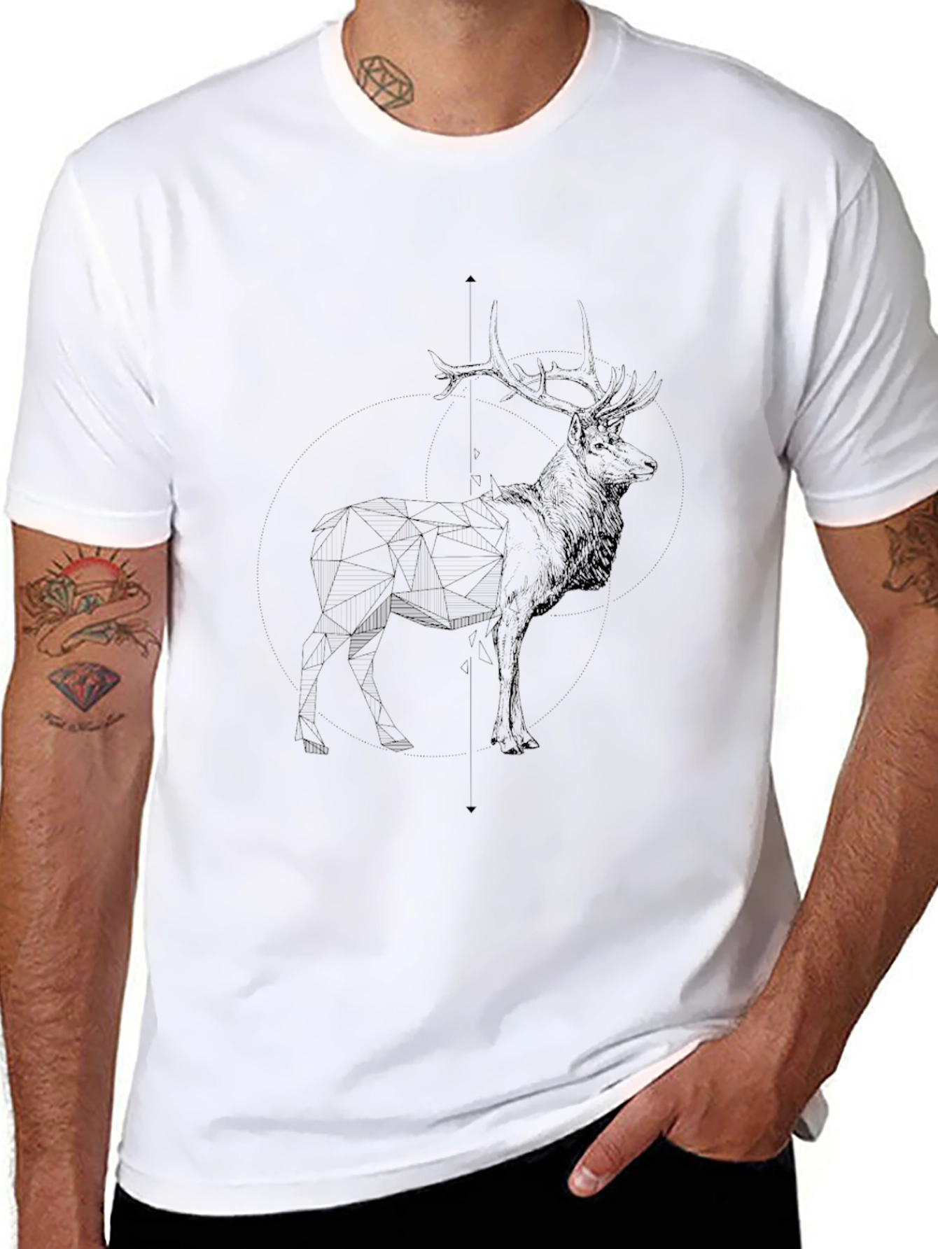 Mens Black T-Shirt with Deer Sketch Graphic