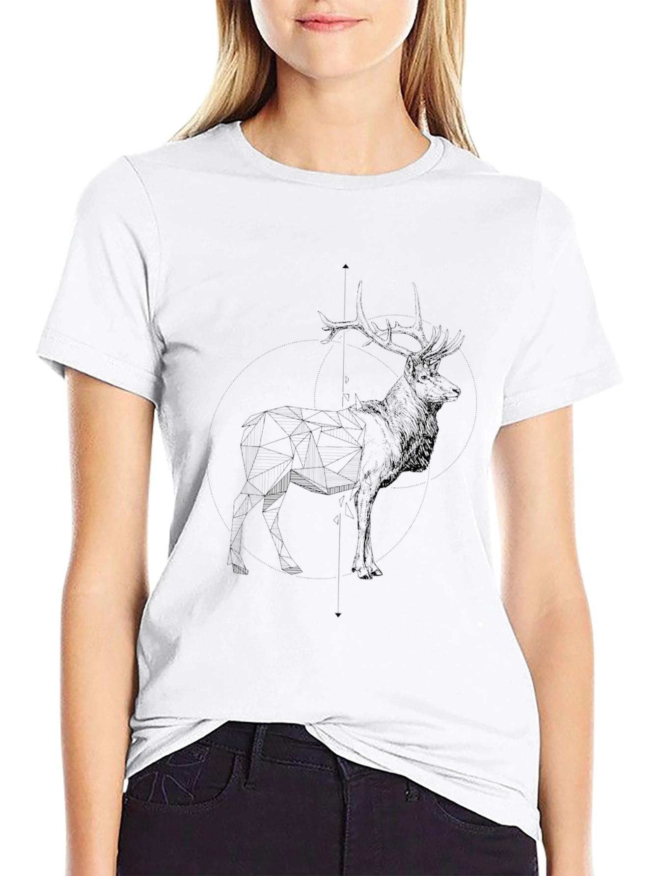 Mens Black T-Shirt with Deer Sketch Graphic
