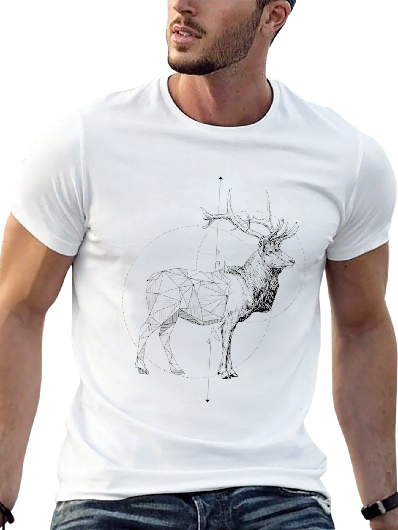 Mens Black T-Shirt with Deer Sketch Graphic
