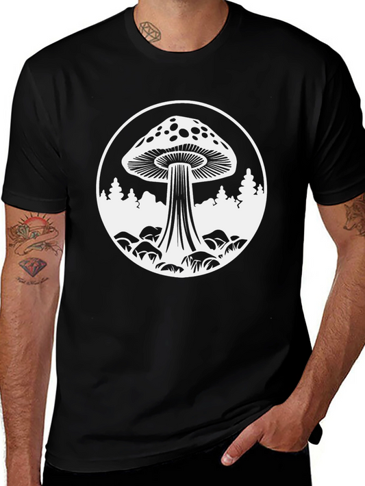 Mushroom Graphic Tee - Black Cotton Crew Neck T-Shirt