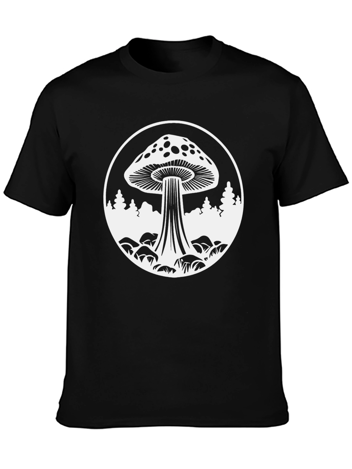 Mushroom Graphic Tee - Black Cotton Crew Neck T-Shirt