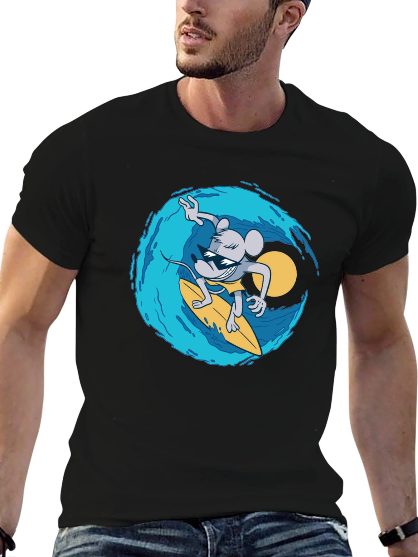 Surfing Mouse Graphic Tee - Cool Black T-Shirt