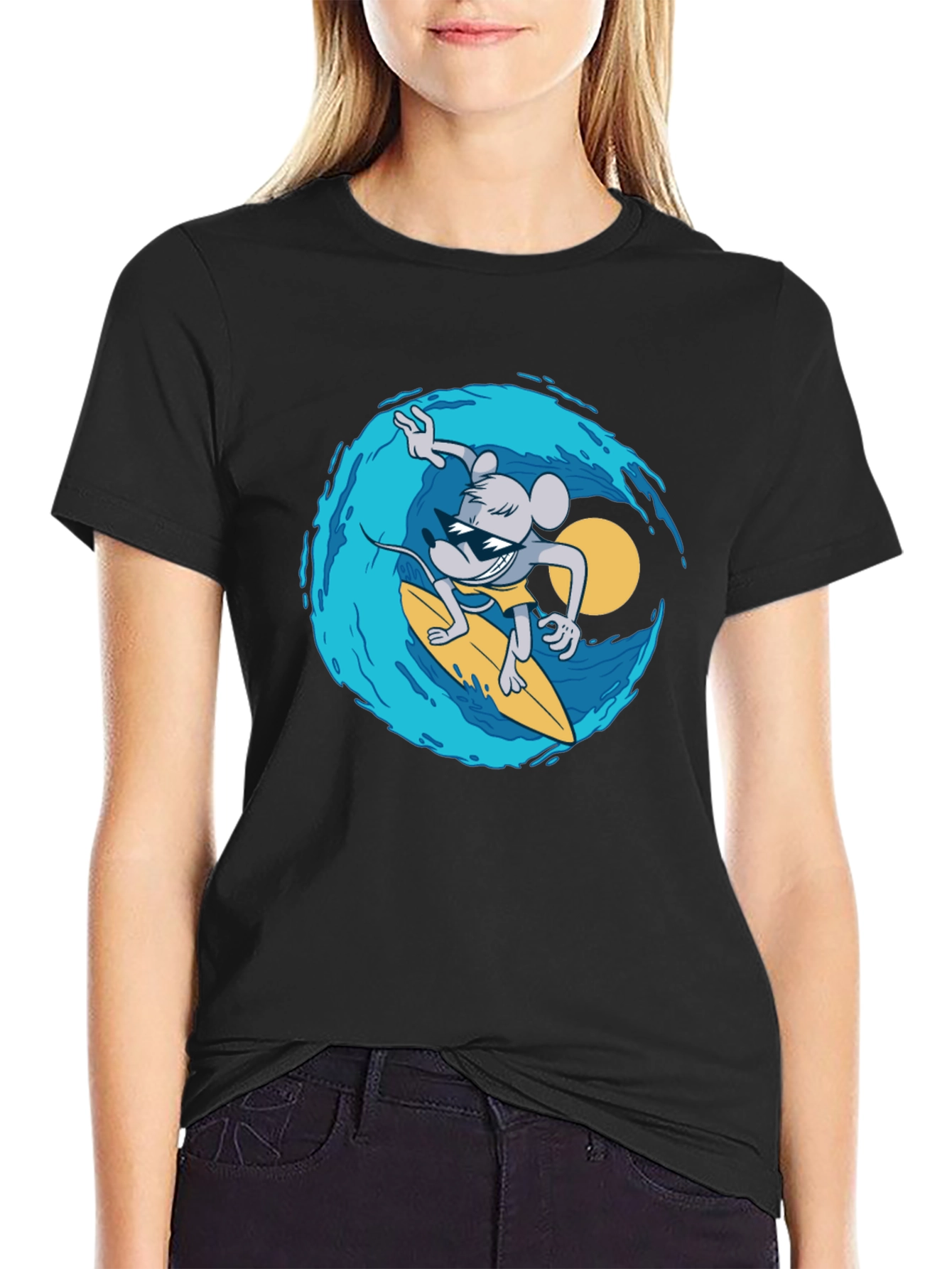Surfing Mouse Graphic Tee - Cool Black T-Shirt
