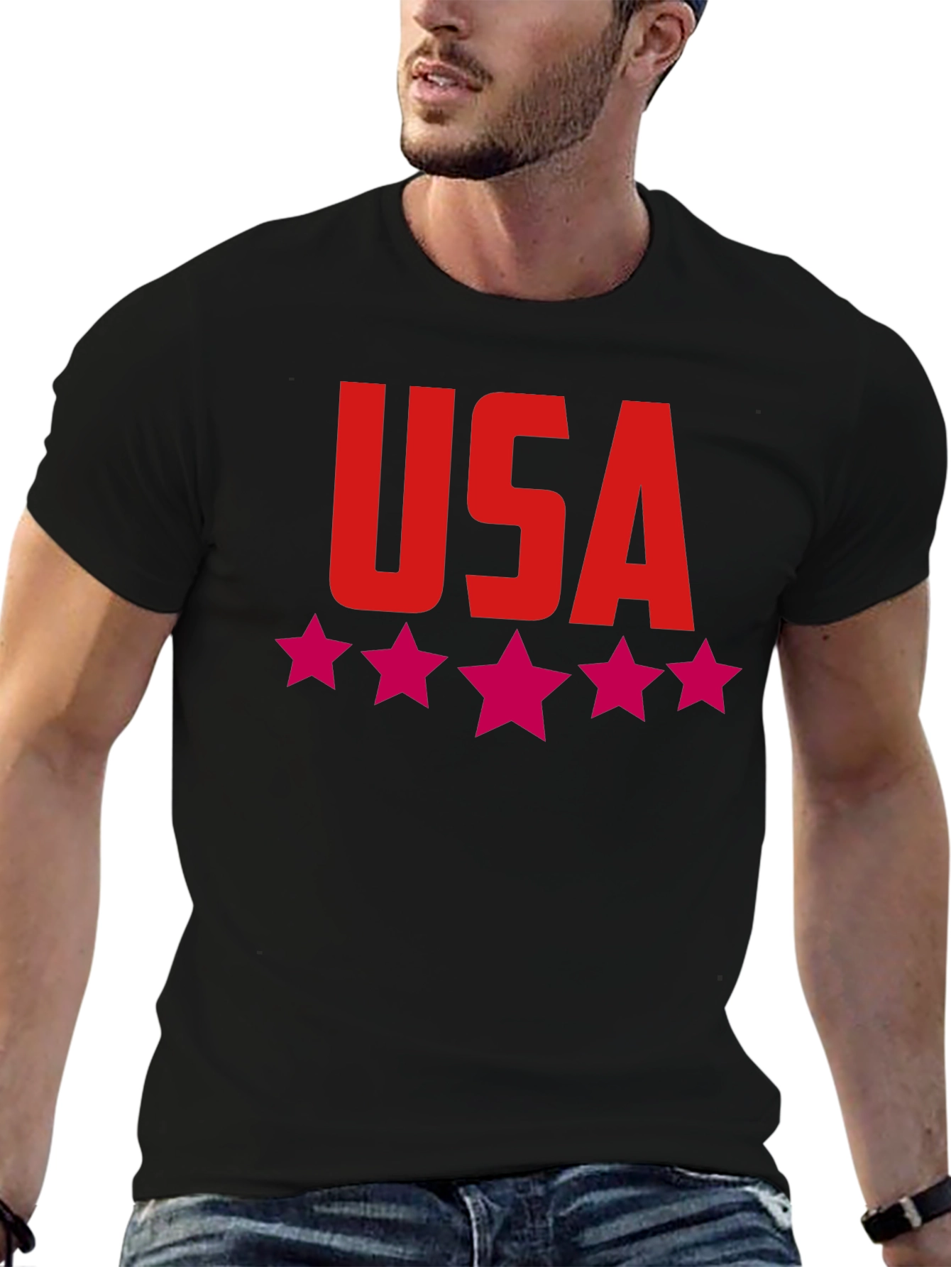 USA Stars Graphic Print Tee - Patriotic Black T-Shirt