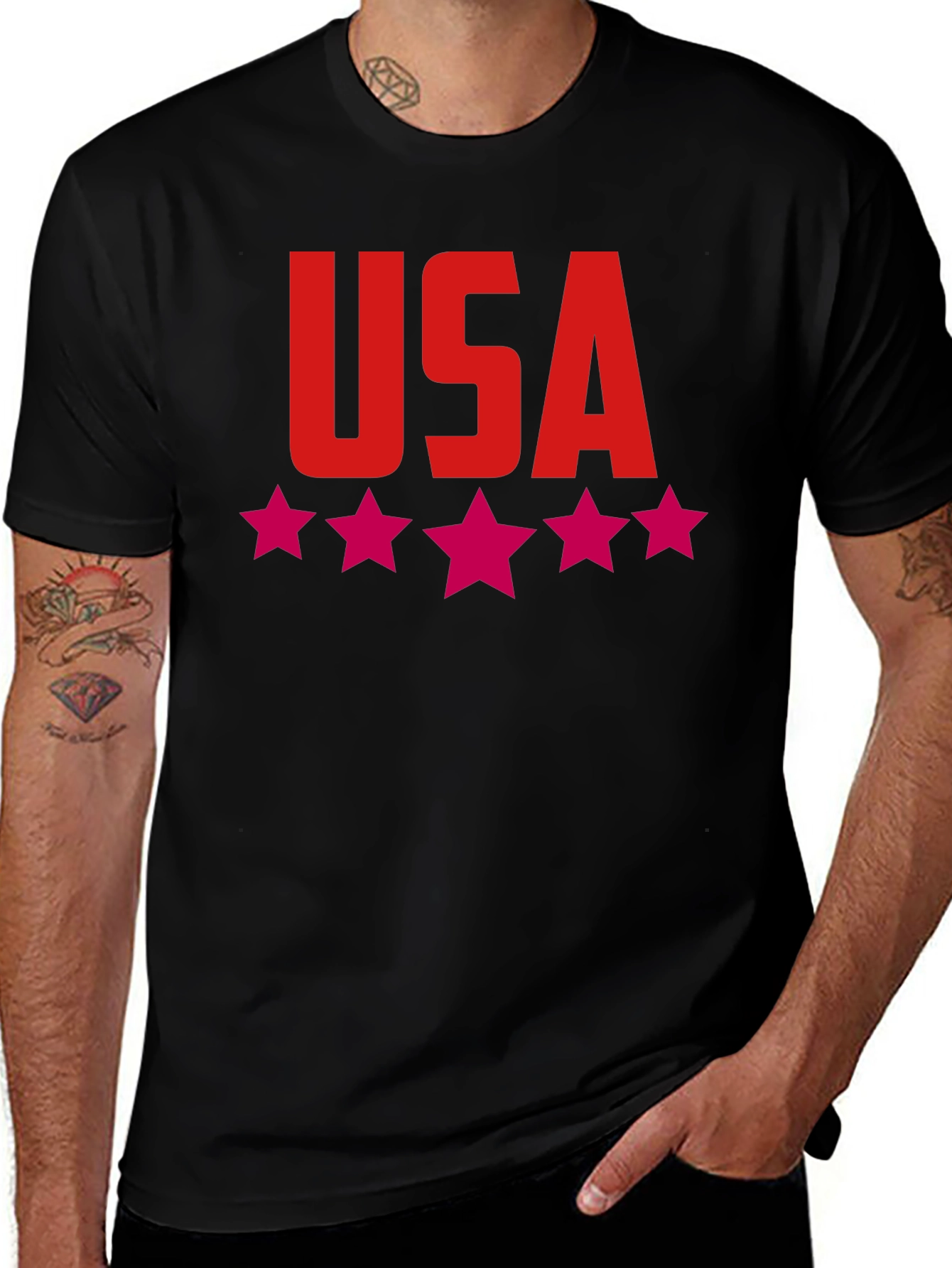 USA Stars Graphic Print Tee - Patriotic Black T-Shirt