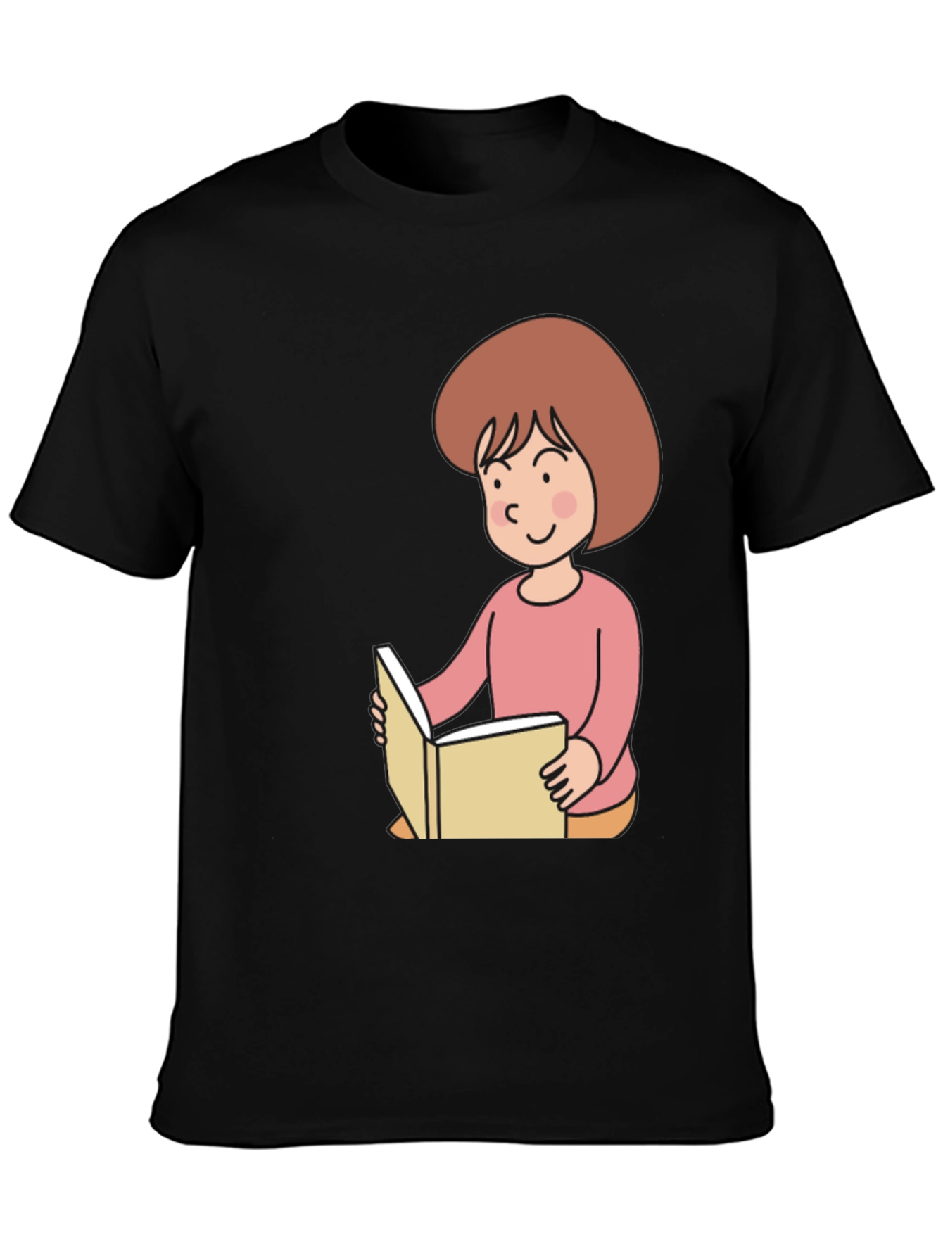 Reading Girl Black T-Shirt - Cute Cartoon Design