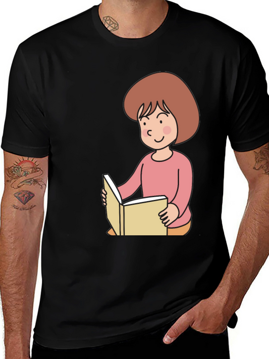 Reading Girl Black T-Shirt - Cute Cartoon Design