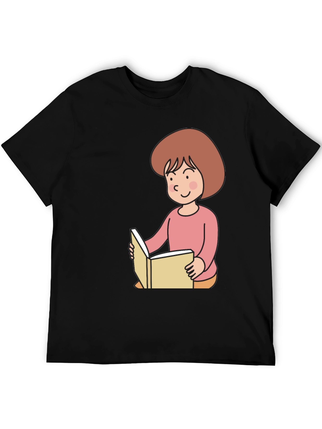 Reading Girl Black T-Shirt - Cute Cartoon Design