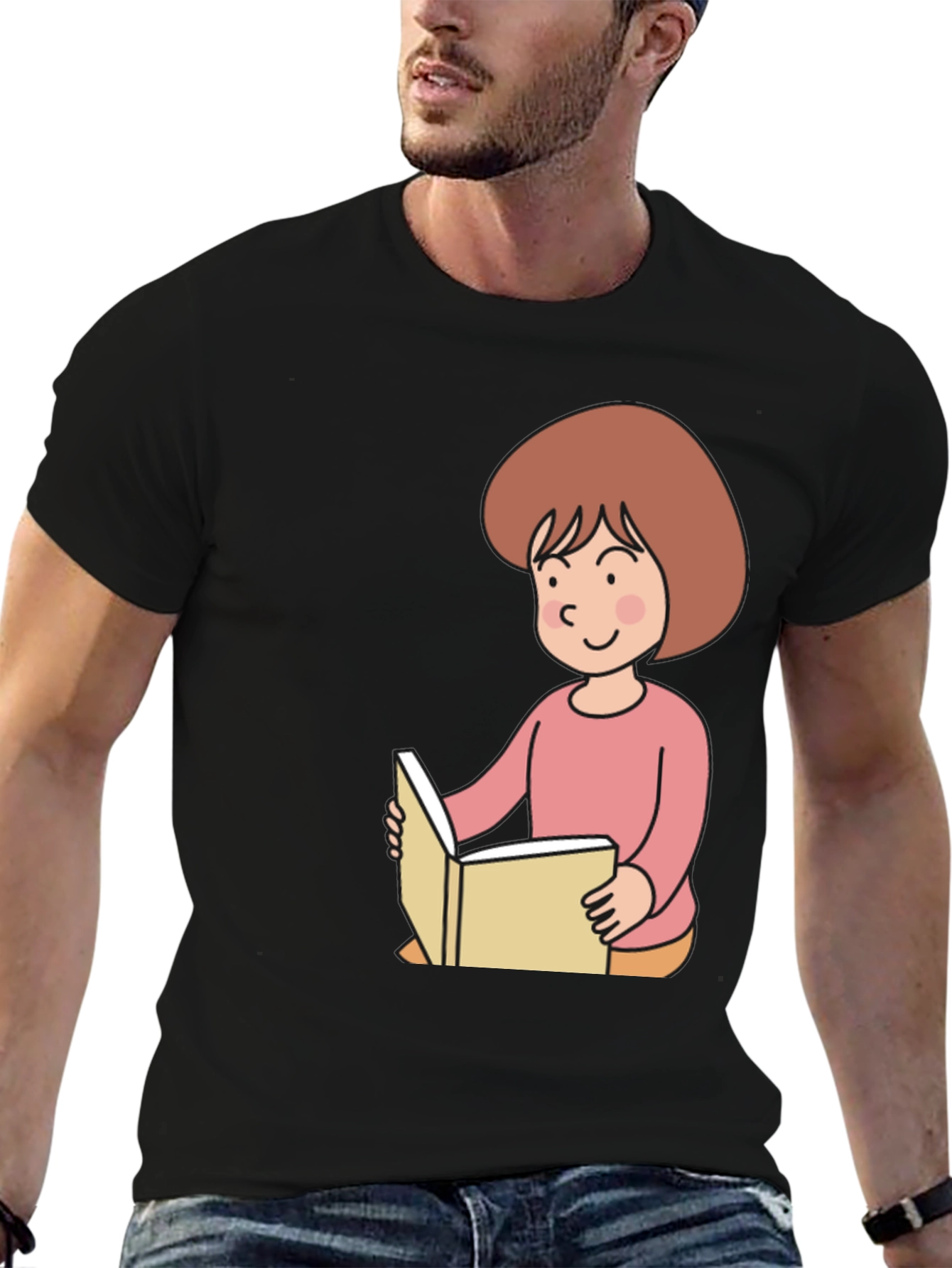 Reading Girl Black T-Shirt - Cute Cartoon Design