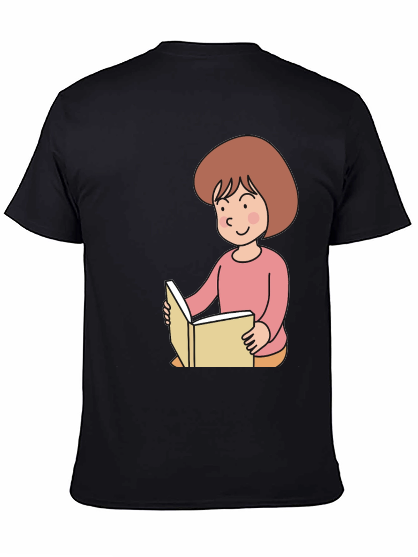 Reading Girl Black T-Shirt - Cute Cartoon Design
