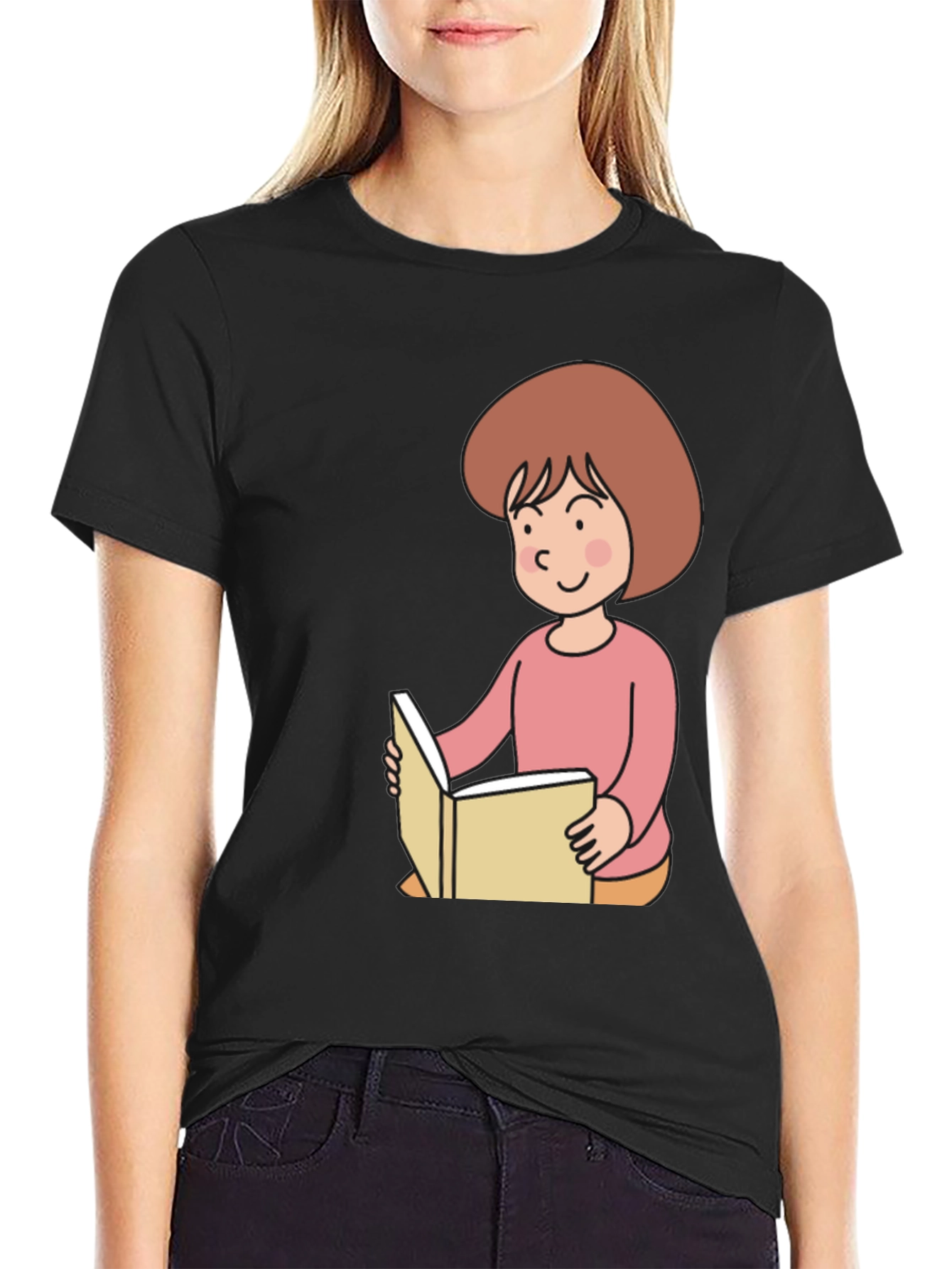 Reading Girl Black T-Shirt - Cute Cartoon Design