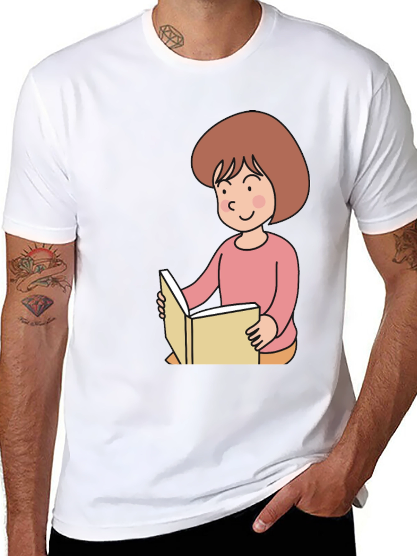 Reading Girl Black T-Shirt - Cute Cartoon Design