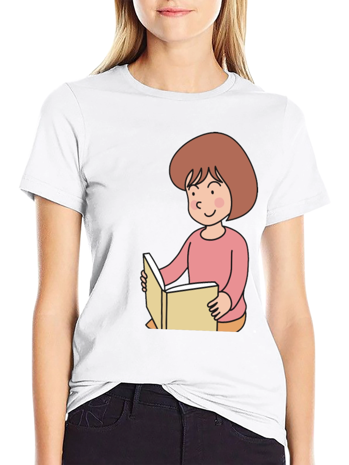 Reading Girl Black T-Shirt - Cute Cartoon Design
