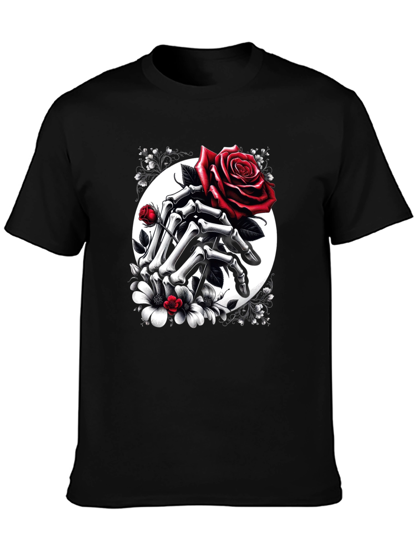 Floral Skull Hands Rose T-Shirt - Gothic Style