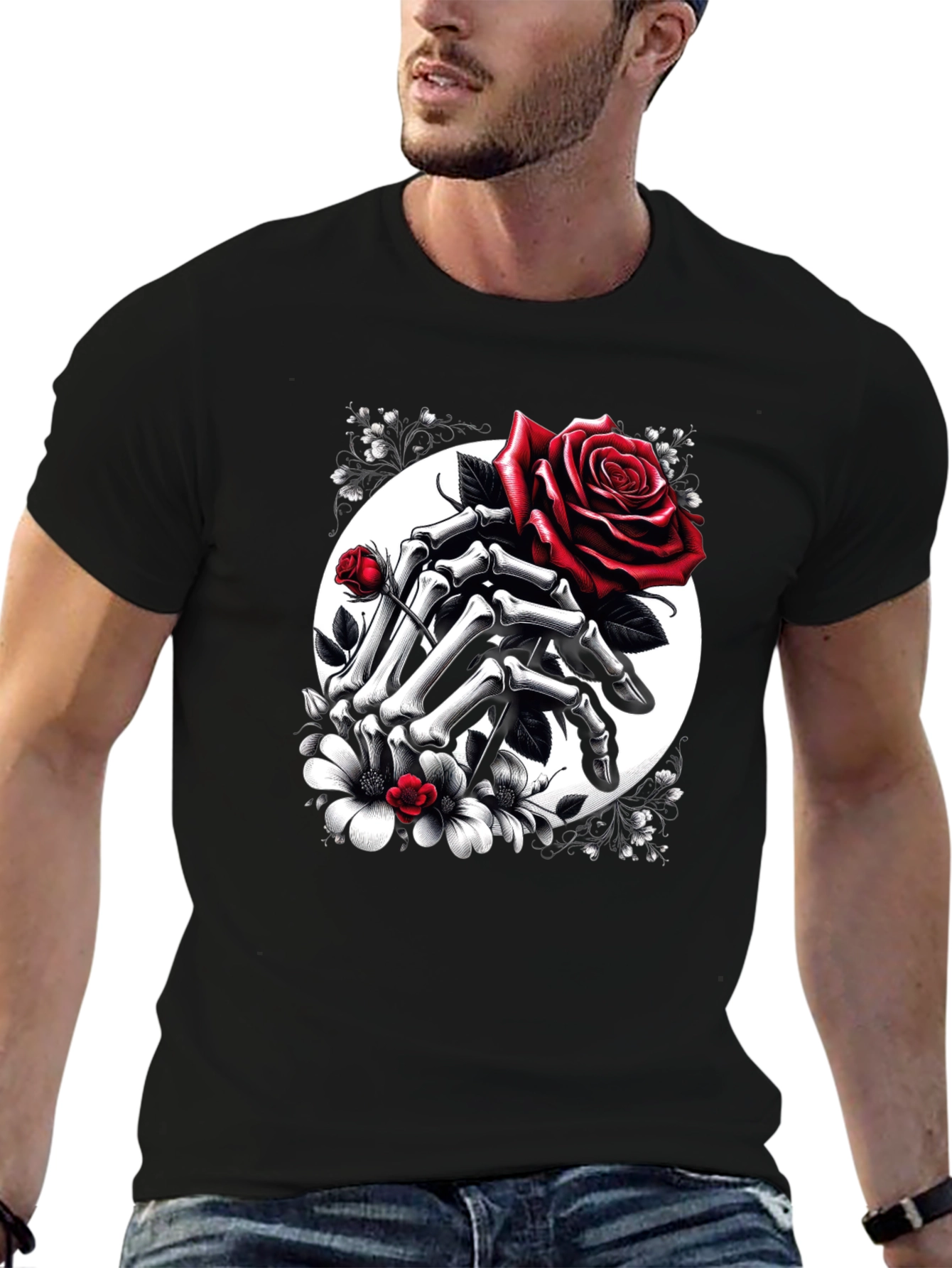 Floral Skull Hands Rose T-Shirt - Gothic Style