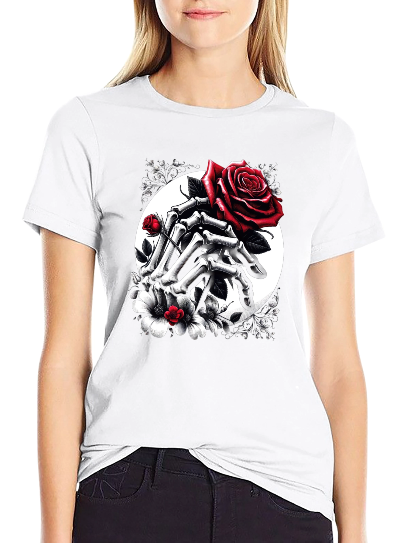 Floral Skull Hands Rose T-Shirt - Gothic Style