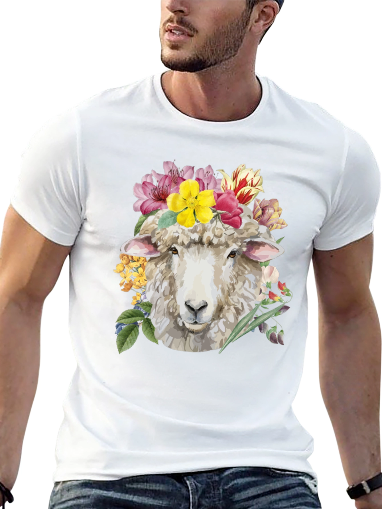 Floral Sheep Graphic Tee - Black Cotton T-Shirt