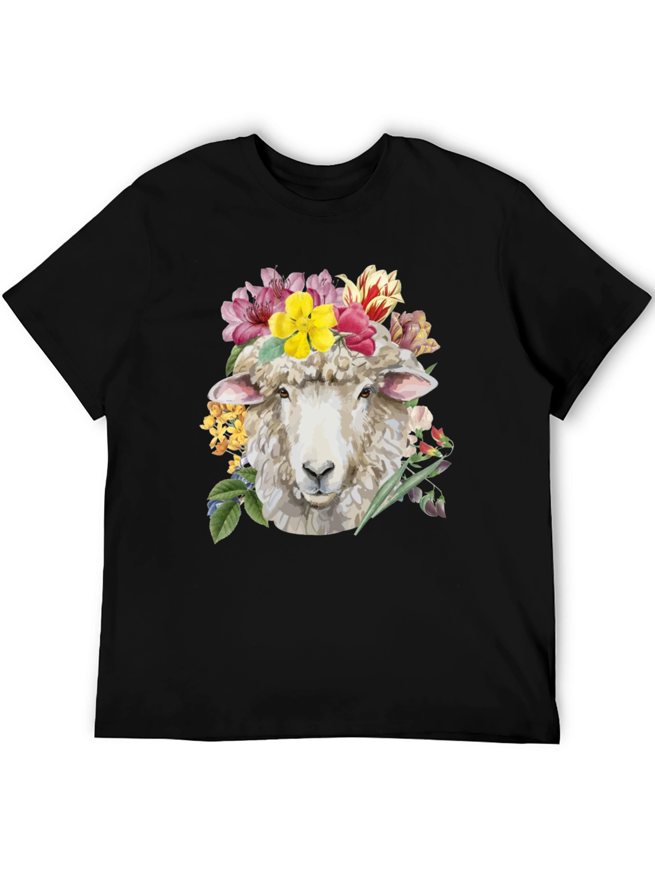 Floral Sheep Graphic Tee - Black Cotton T-Shirt