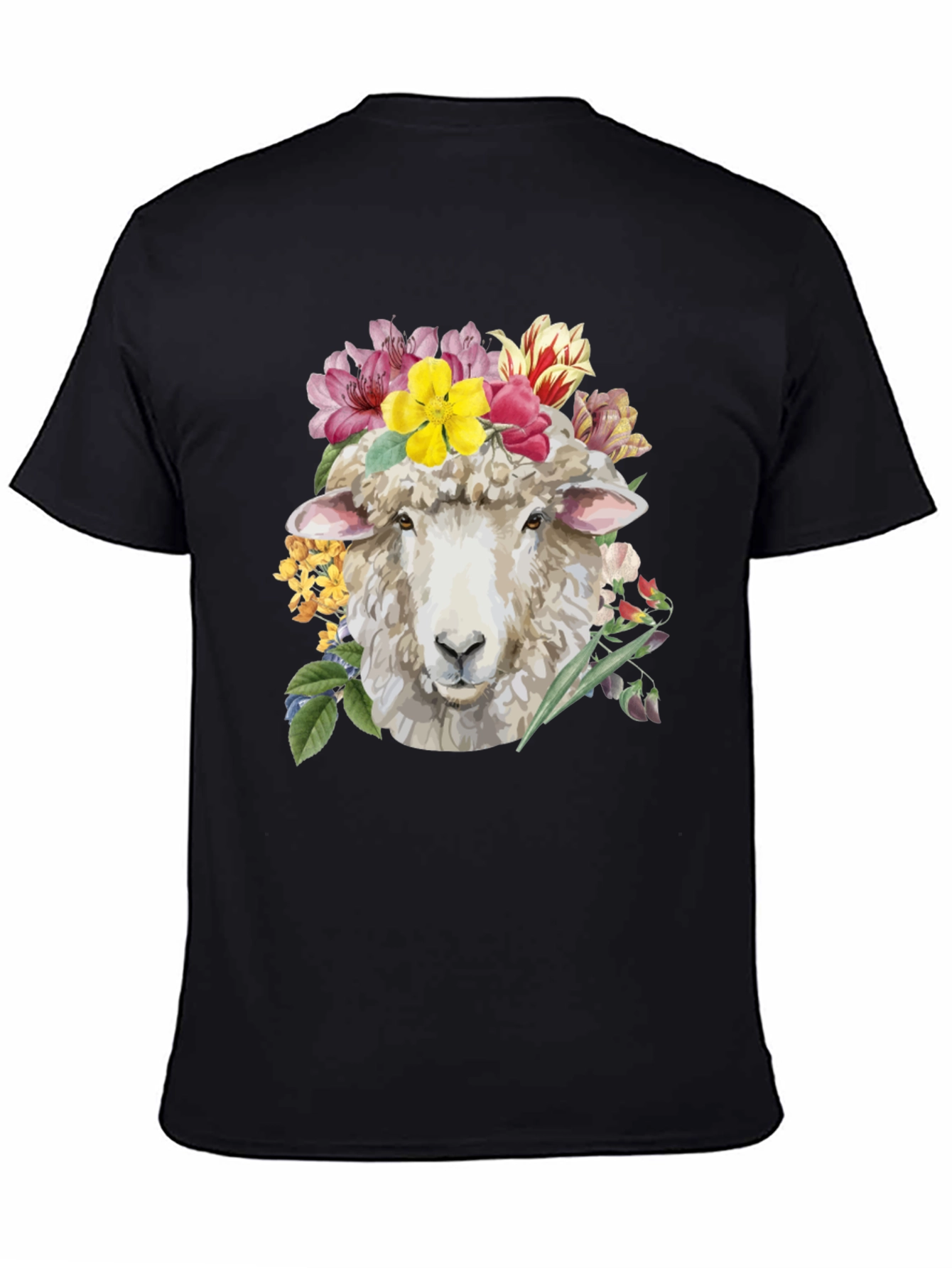 Floral Sheep Graphic Tee - Black Cotton T-Shirt