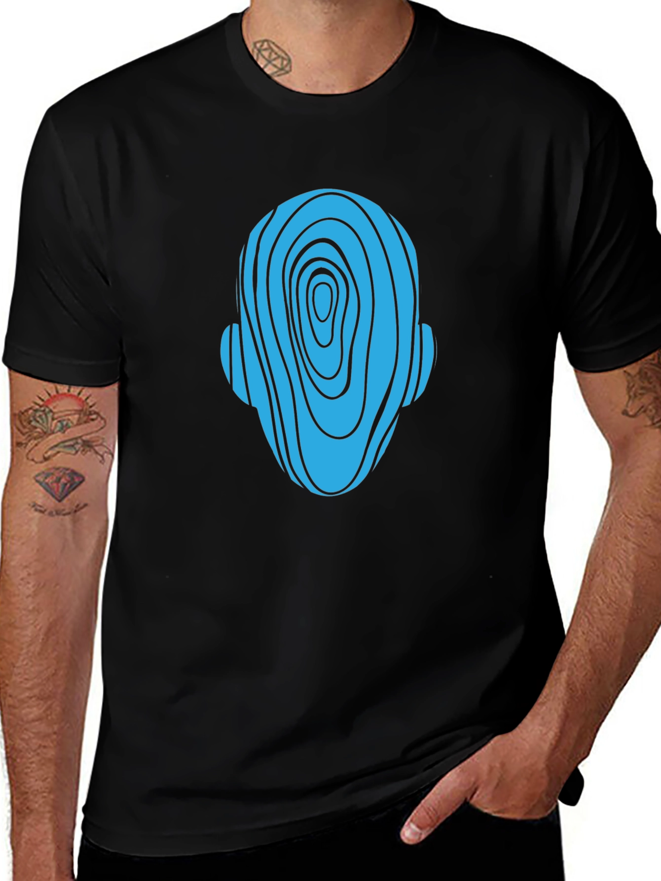 Abstract Head Graphic Tee - Black Cotton Casual Shirt
