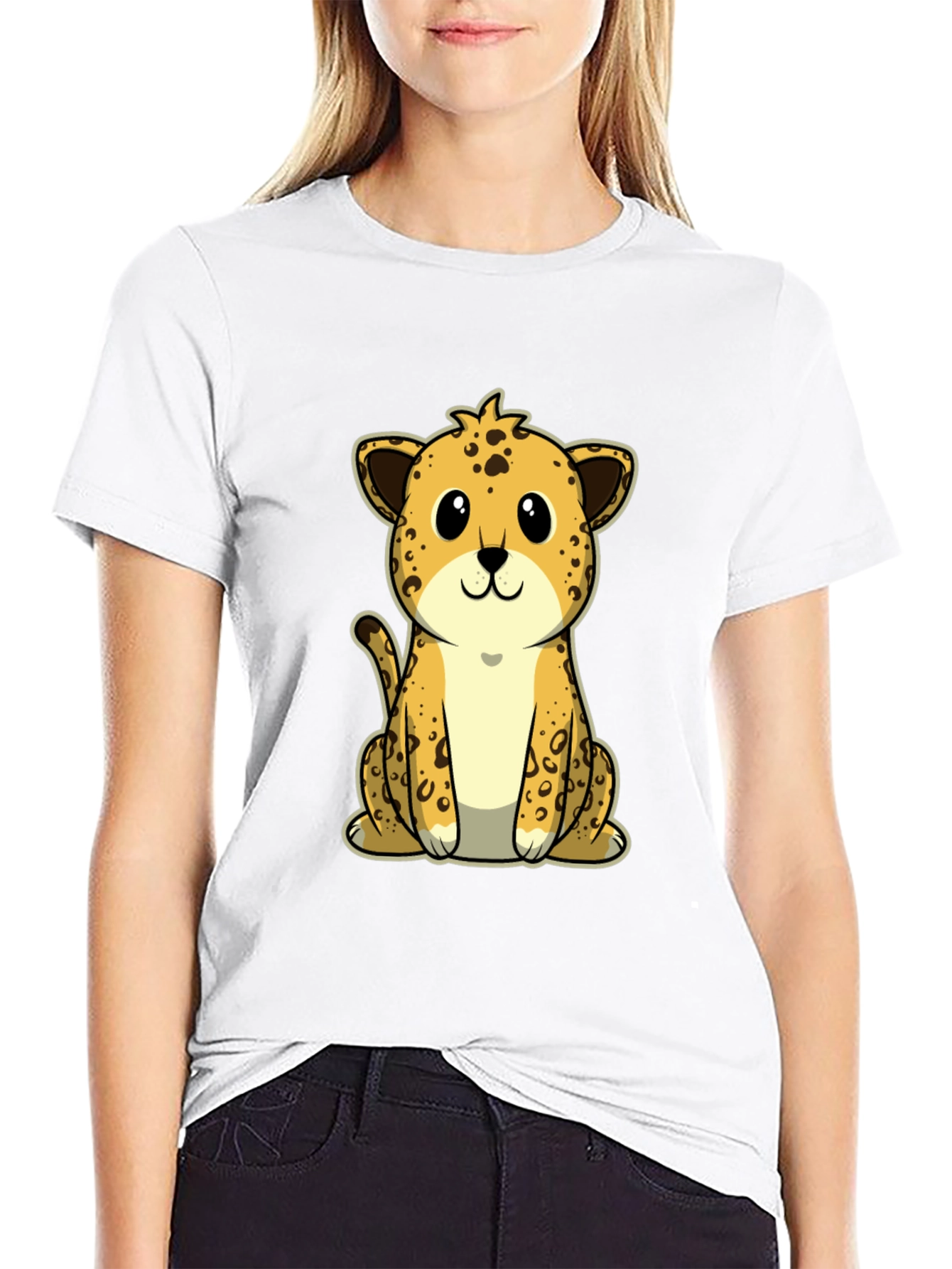 Cute Cartoon Leopard Graphic Tee - Black