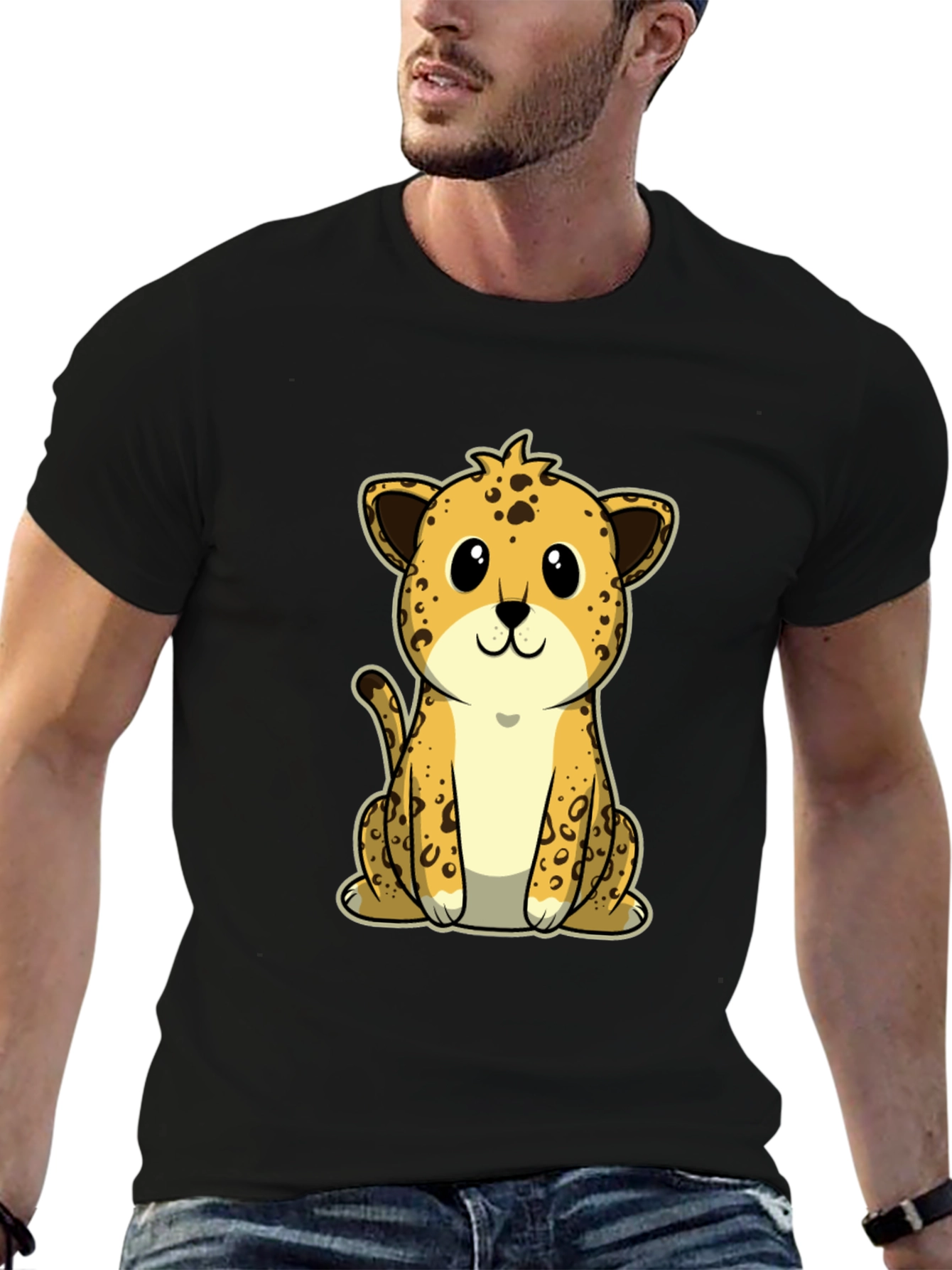 Cute Cartoon Leopard Graphic Tee - Black