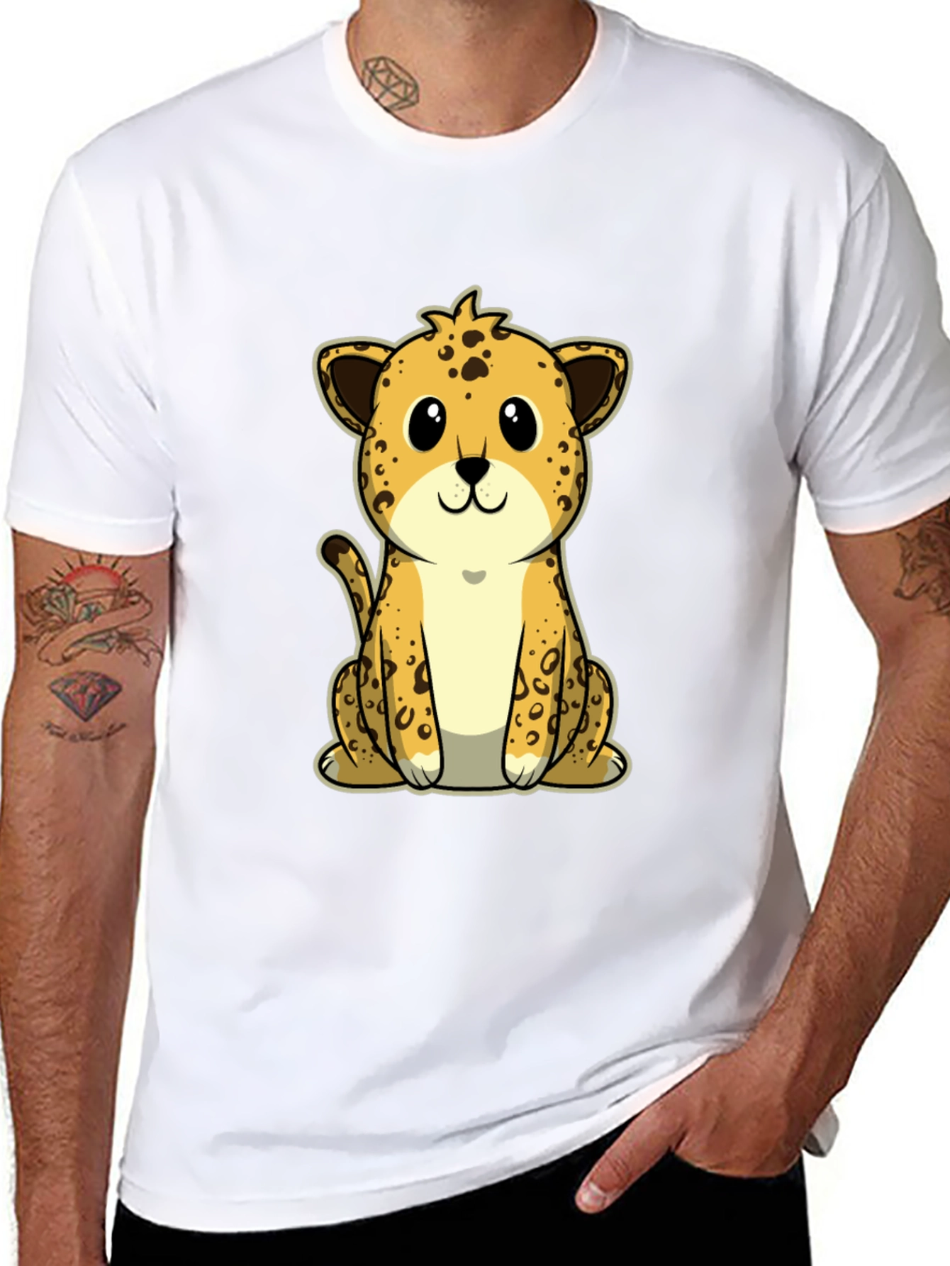 Cute Cartoon Leopard Graphic Tee - Black