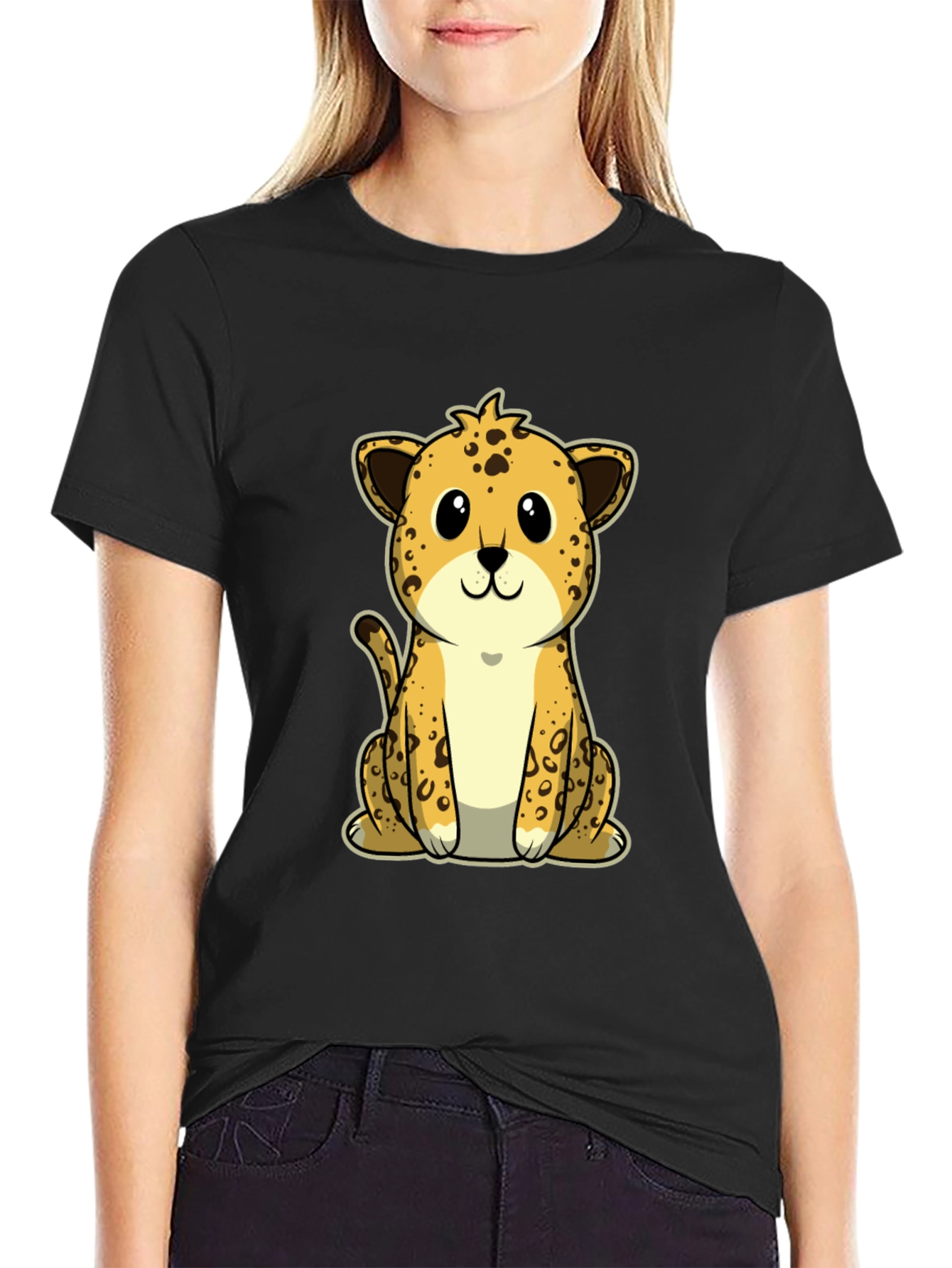 Cute Cartoon Leopard Graphic Tee - Black